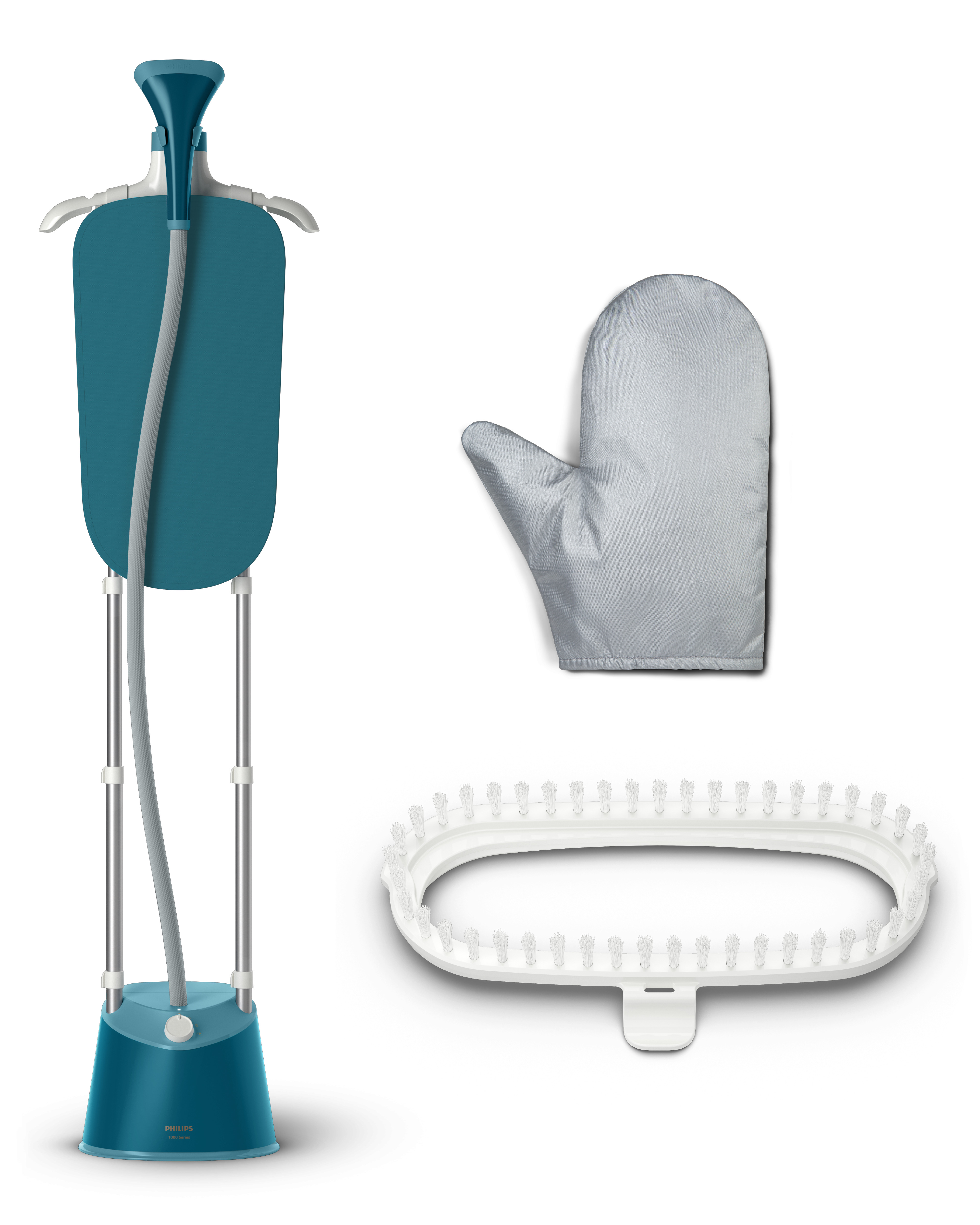 Plancha de vapor, vaporizador y un guante sobre un fondo blanco. Todo es azul y blanco.