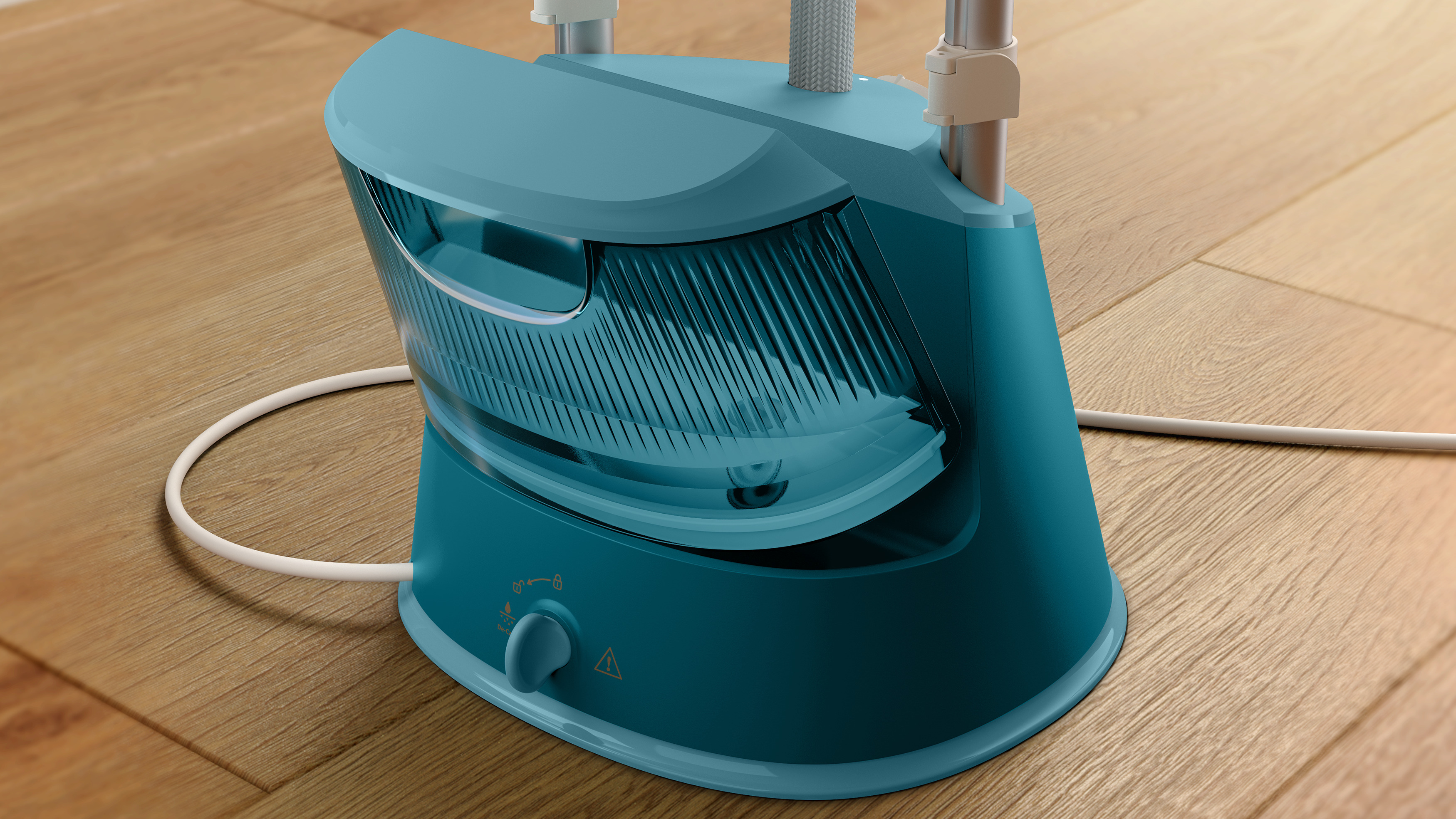 Vaporizador de ropa de color verde azulado en suelo de madera.