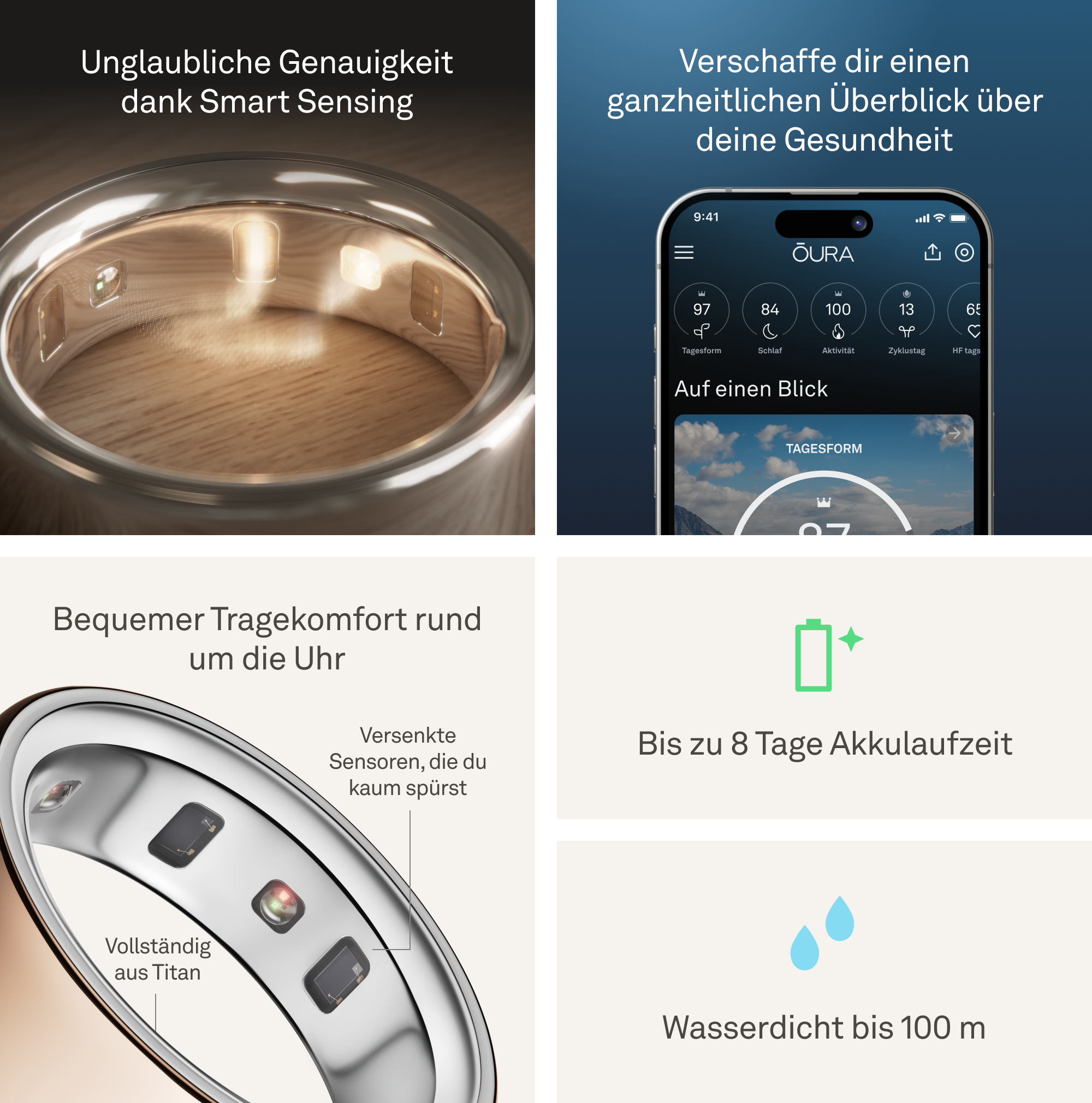 Collage zeigt einen intelligenten Ring, Gesundheits-App-Oberfläche und Akkulebensdauer-Informationen.