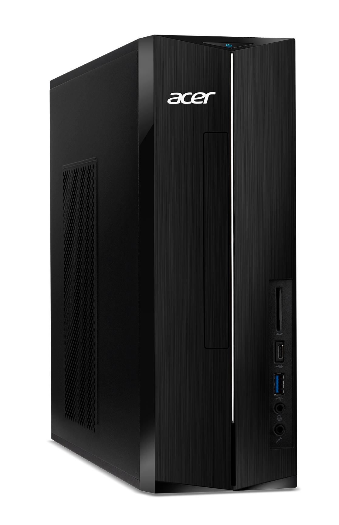 Schwarzer Acer Desktop-Computer. Schlankes Design, mit Acer-Logo und Frontanschlüssen.