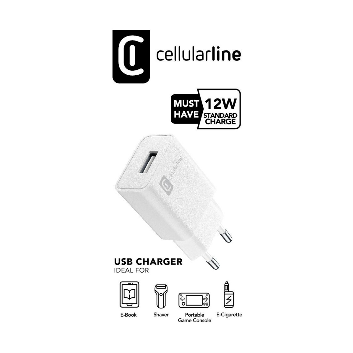 Caricatore USB bianco con porta USB e due spine. Testo: CARICATORE USB IDEALE PER. Icone.