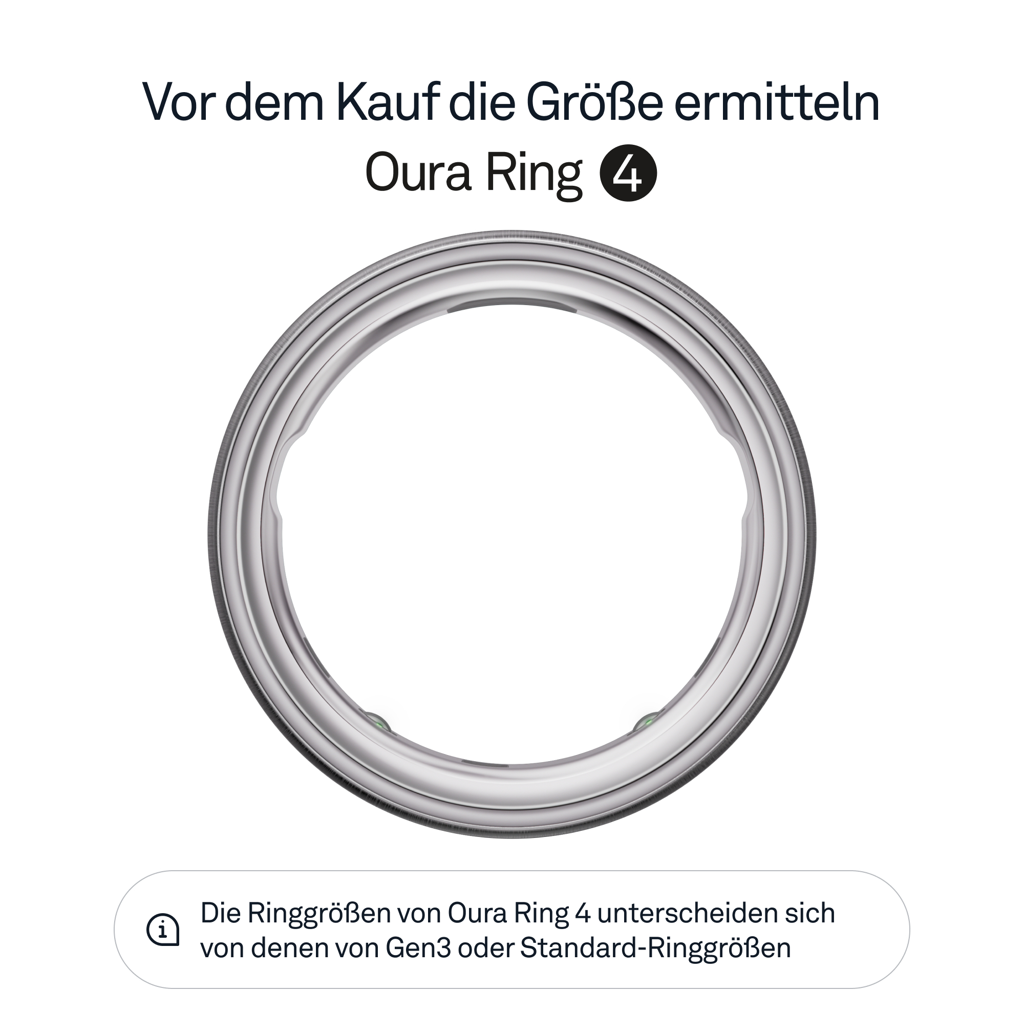 Silberner Oura Ring 4, weißer Hintergrund. Text: "Bestimmen Sie die Größe vor dem Kauf."