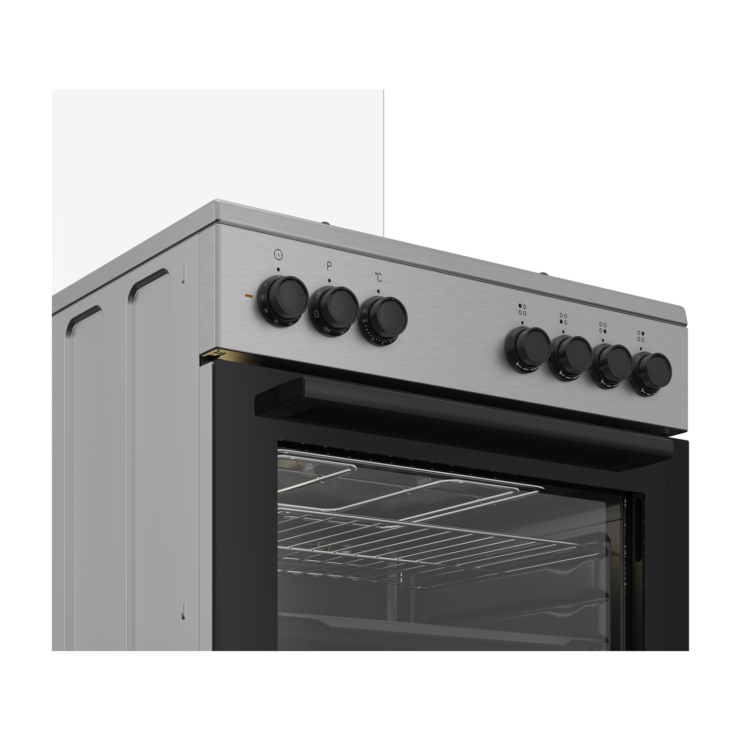 Vista ravvicinata di un forno argentato con manopole di controllo e la porta del forno aperta.