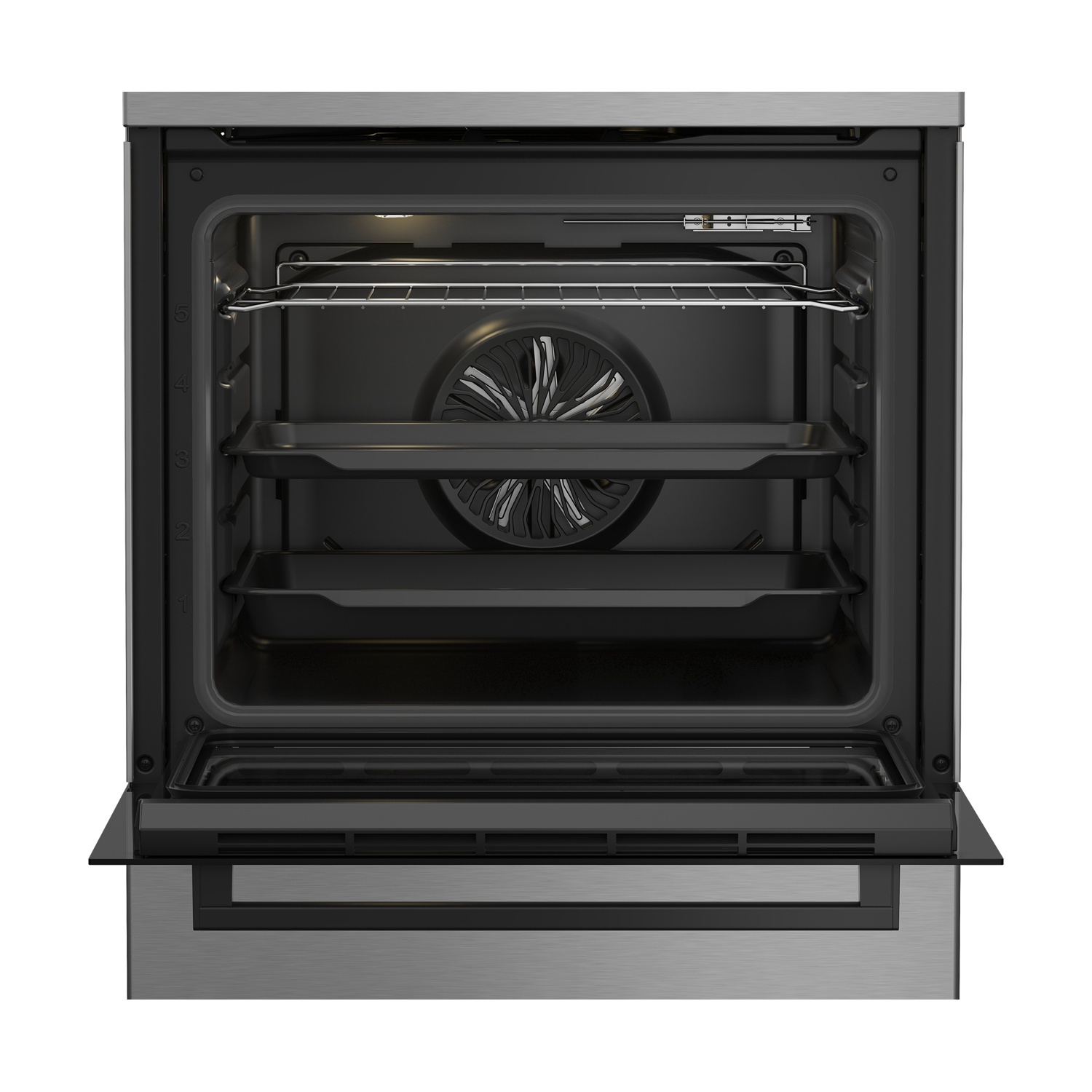 Un forno aperto, in acciaio inox, con ripiani e ventola. La porta è aperta.