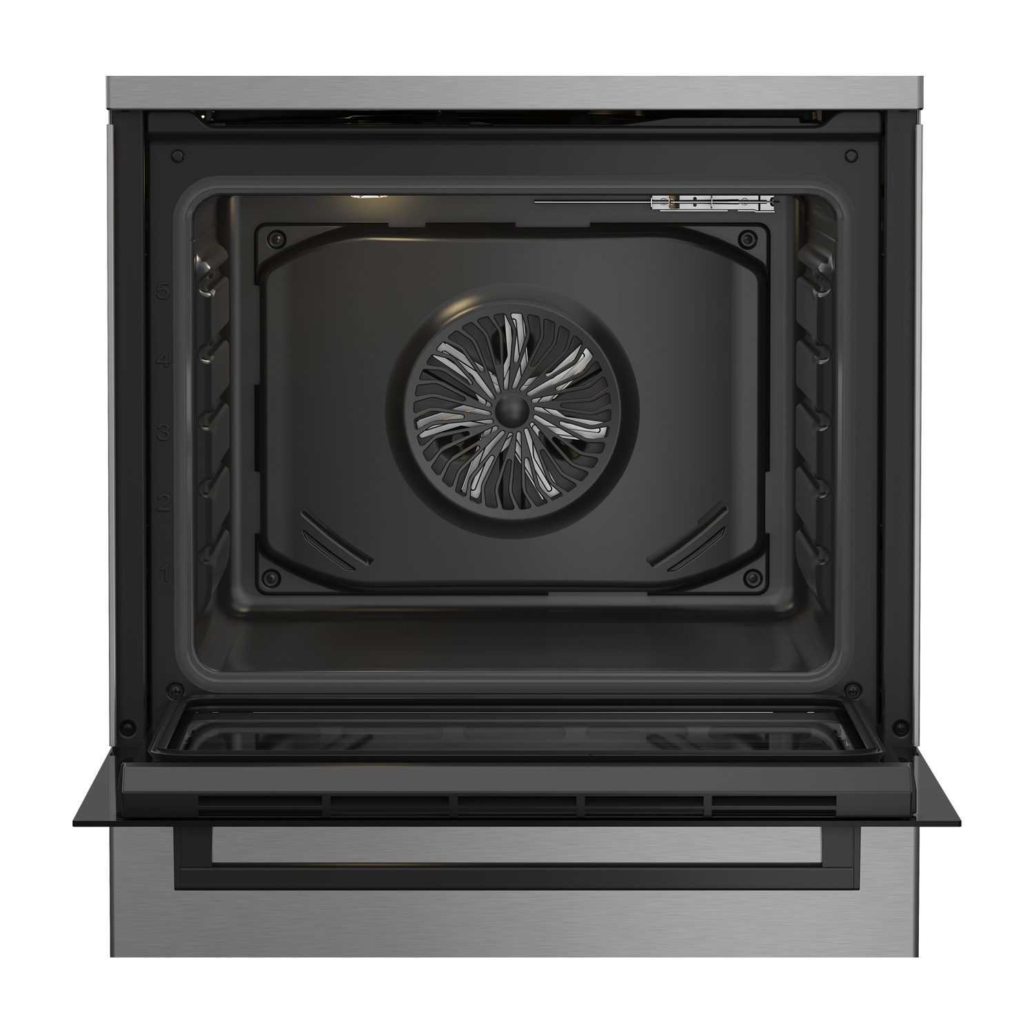 Interno del forno aperto, con ventola e elementi riscaldanti visibili.