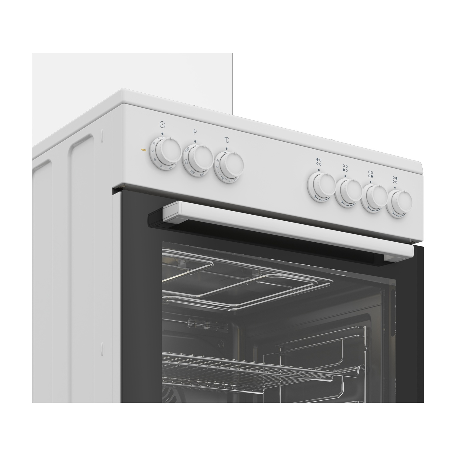Un forno bianco con manopole sulla parte superiore. La porta è leggermente aperta, mostrando l'interno.