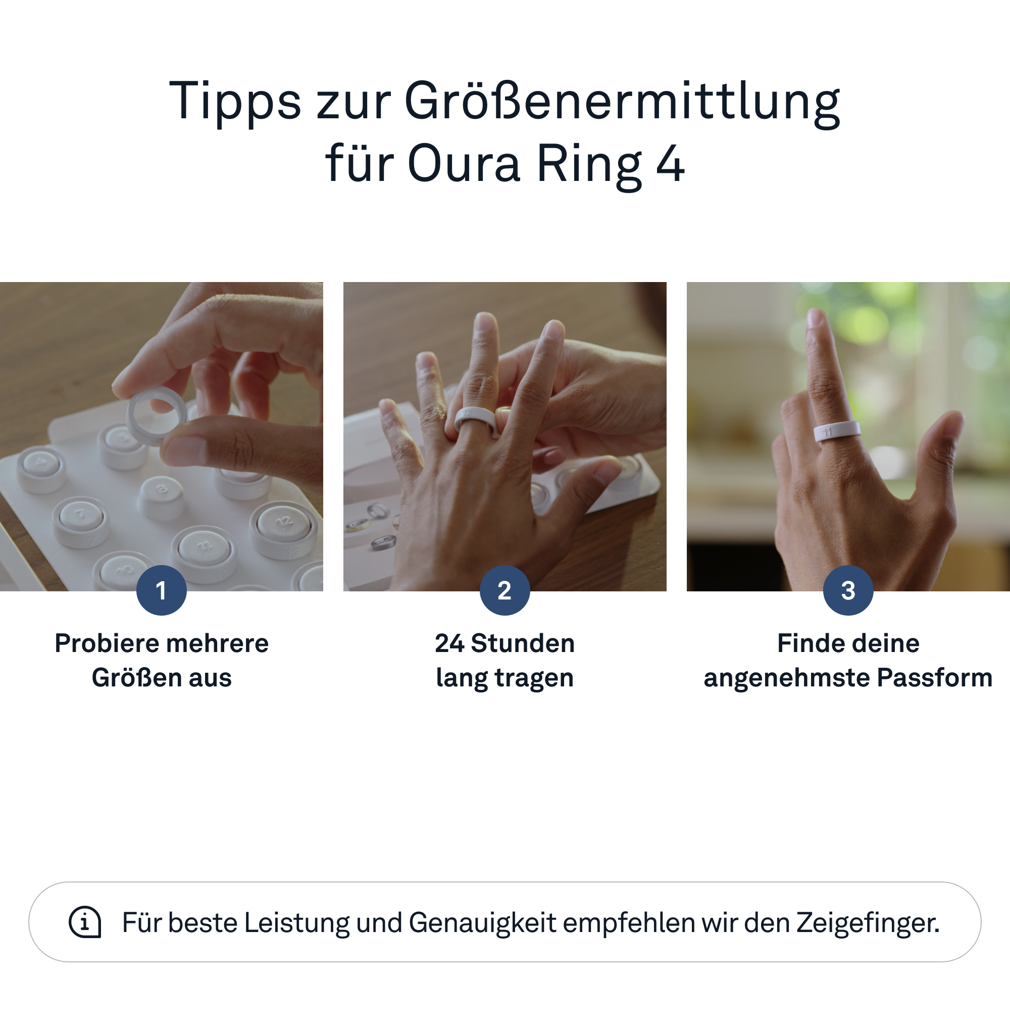Drei Schritte zur Größenermittlung des Oura Rings: Größen anprobieren, 24h tragen, Passform finden. Zeigefinger.