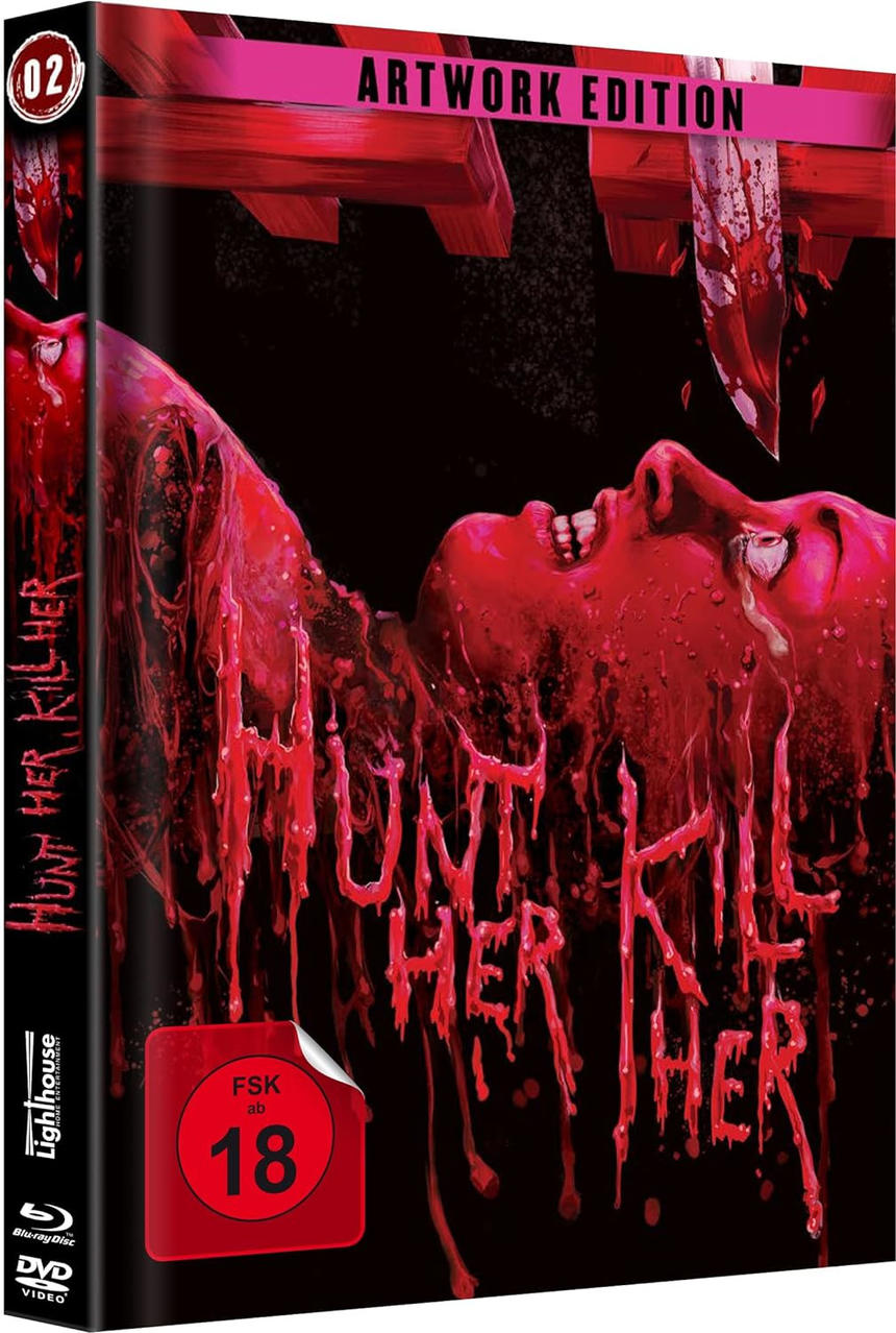 DVD-Cover für "Hunt Her, Kill Her". Ein blutiges Gesicht wird gezeigt. Artwork-Edition.