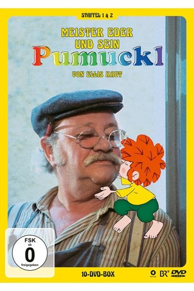 DVD-Box für den deutschen Cartoon Meister Eder und sein Pumuckl, mit einem Mann und einem Kobold.