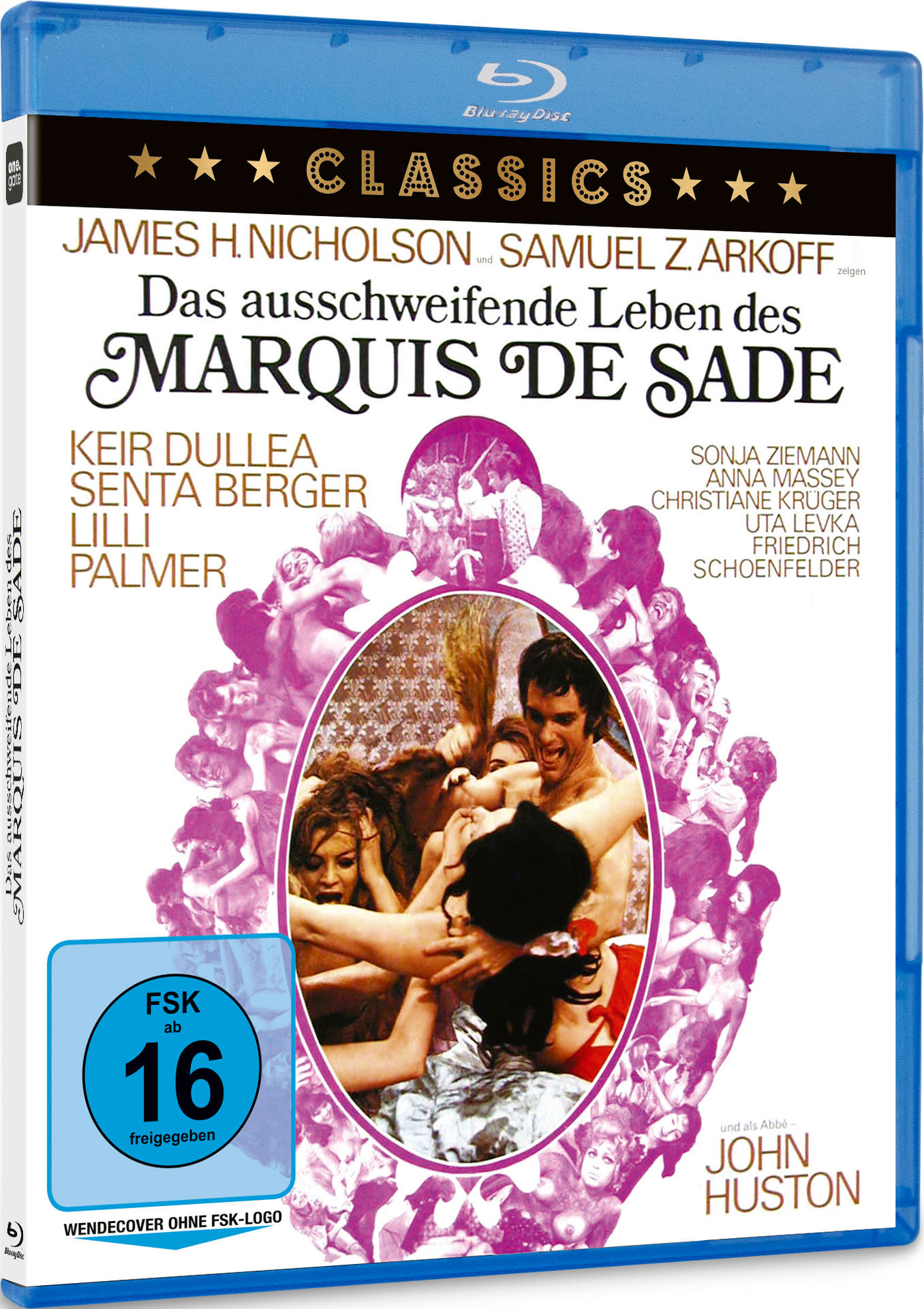 Ein Blu-ray-Disc-Cover mit dem Titel 'Das ausschweifende Leben des Marquis de Sade' und einem suggestiven Bild.