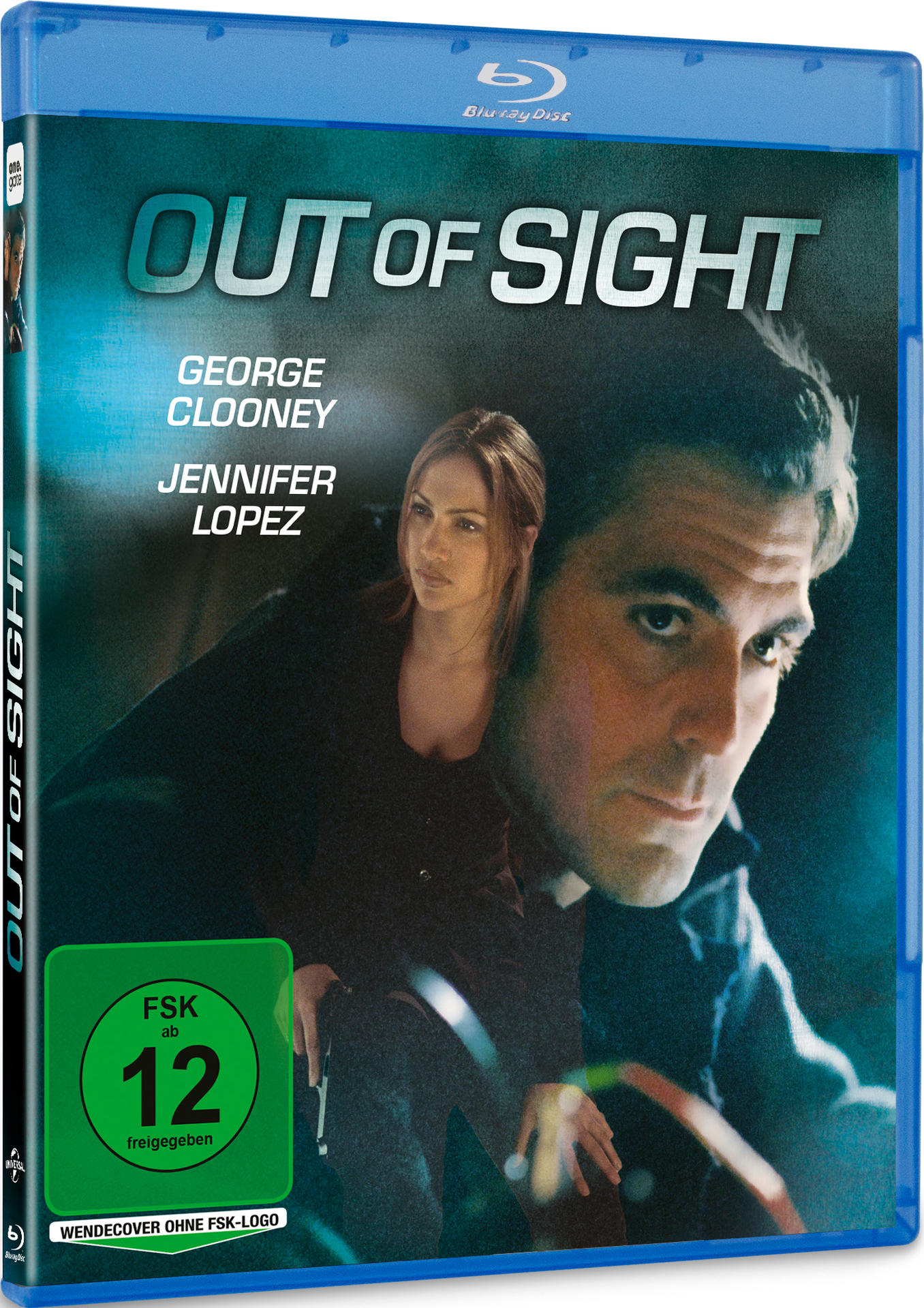 Blu-ray-Hülle für den Film „Out of Sight“. George Clooney und Jennifer Lopez auf dem Cover. Grüne Bewertung.