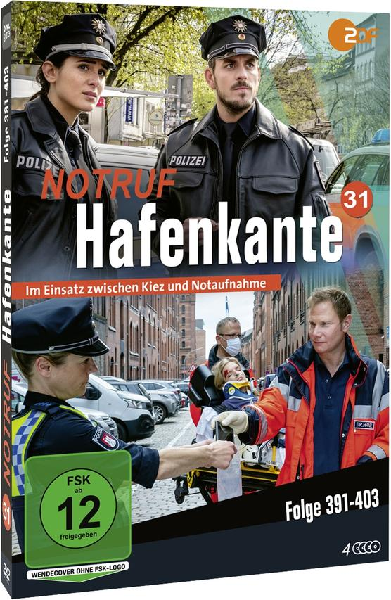 DVD-Cover einer Fernsehsendung mit Polizisten. Titel ist 'Notruf Hafenkante' mit einer Straßenszene.