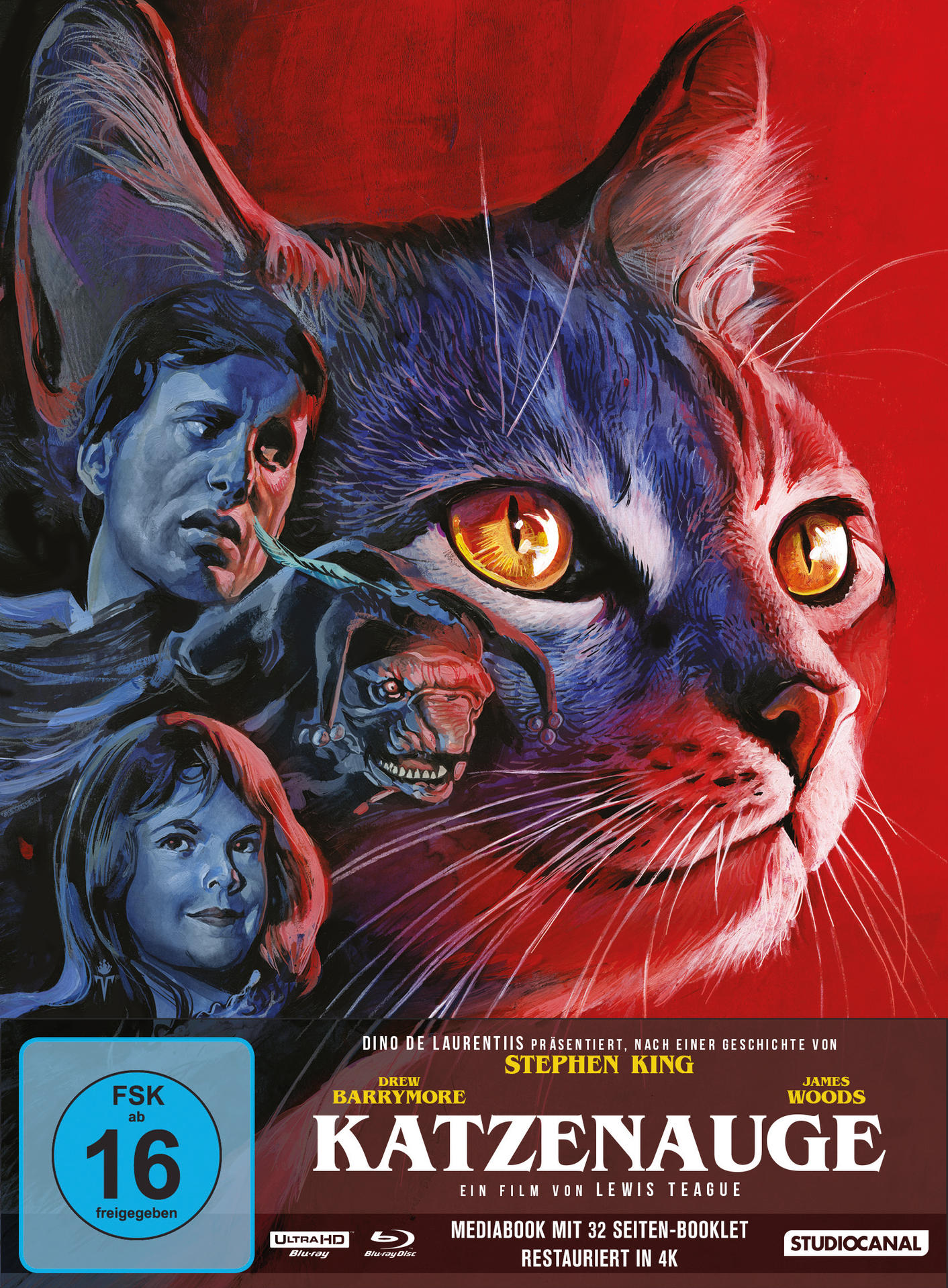 Filmcover: Katzenkopf, Menschen, roter Hintergrund, deutscher Text.