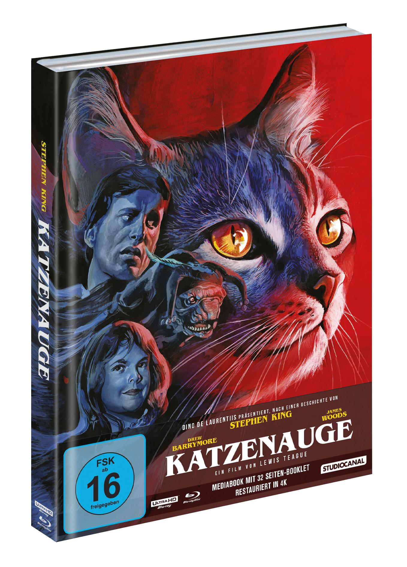 Blu-ray-Boxset des Films 'Katzenauge'. Es zeigt ein Katzen-Gesicht und Bilder von Personen.