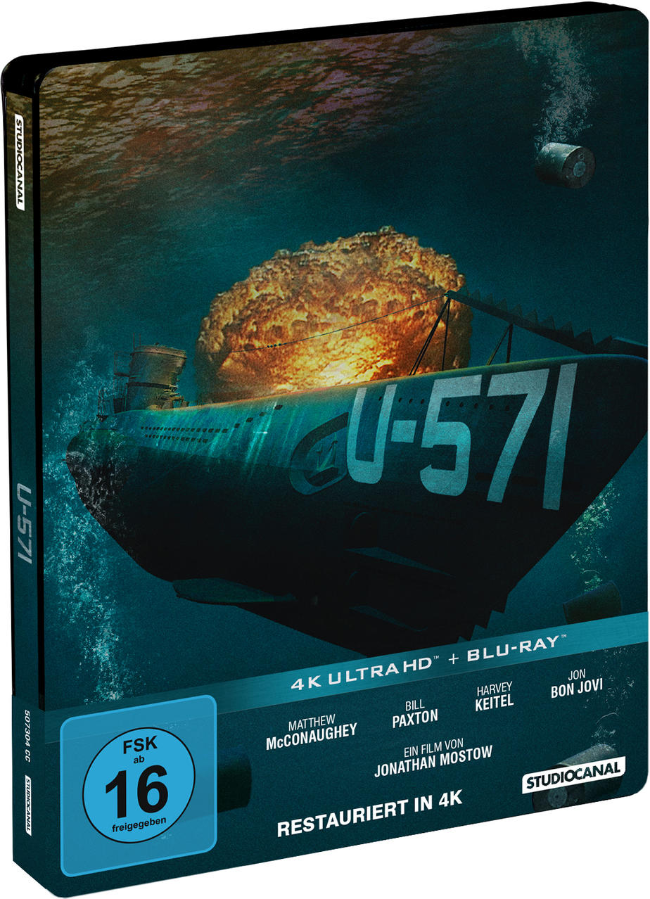 Das U-571 4K Ultra HD + Blu-ray Cover mit einem U-Boot unter Wasser.