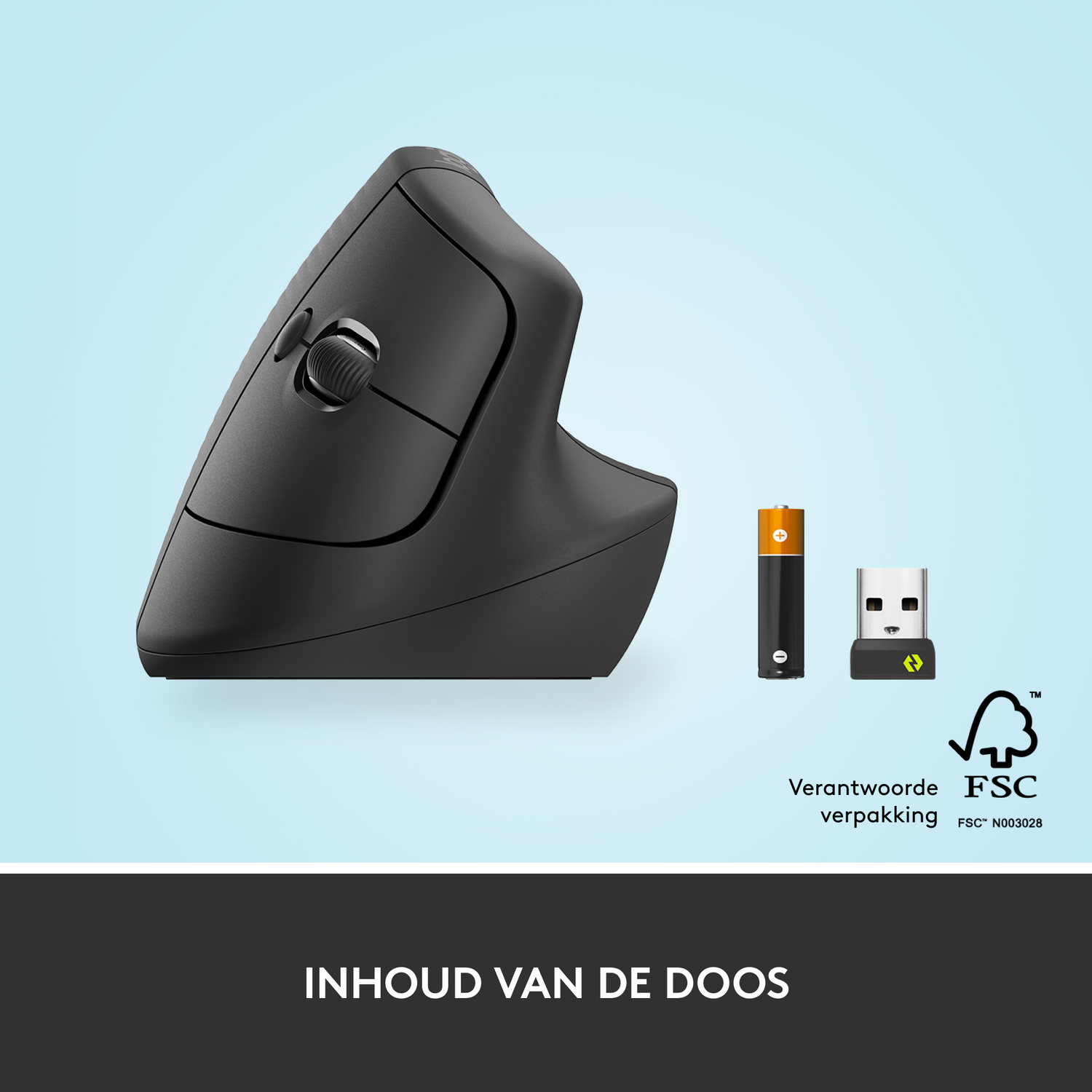 Black vertical ergonomic mouse. Battery and USB receiver alongside.