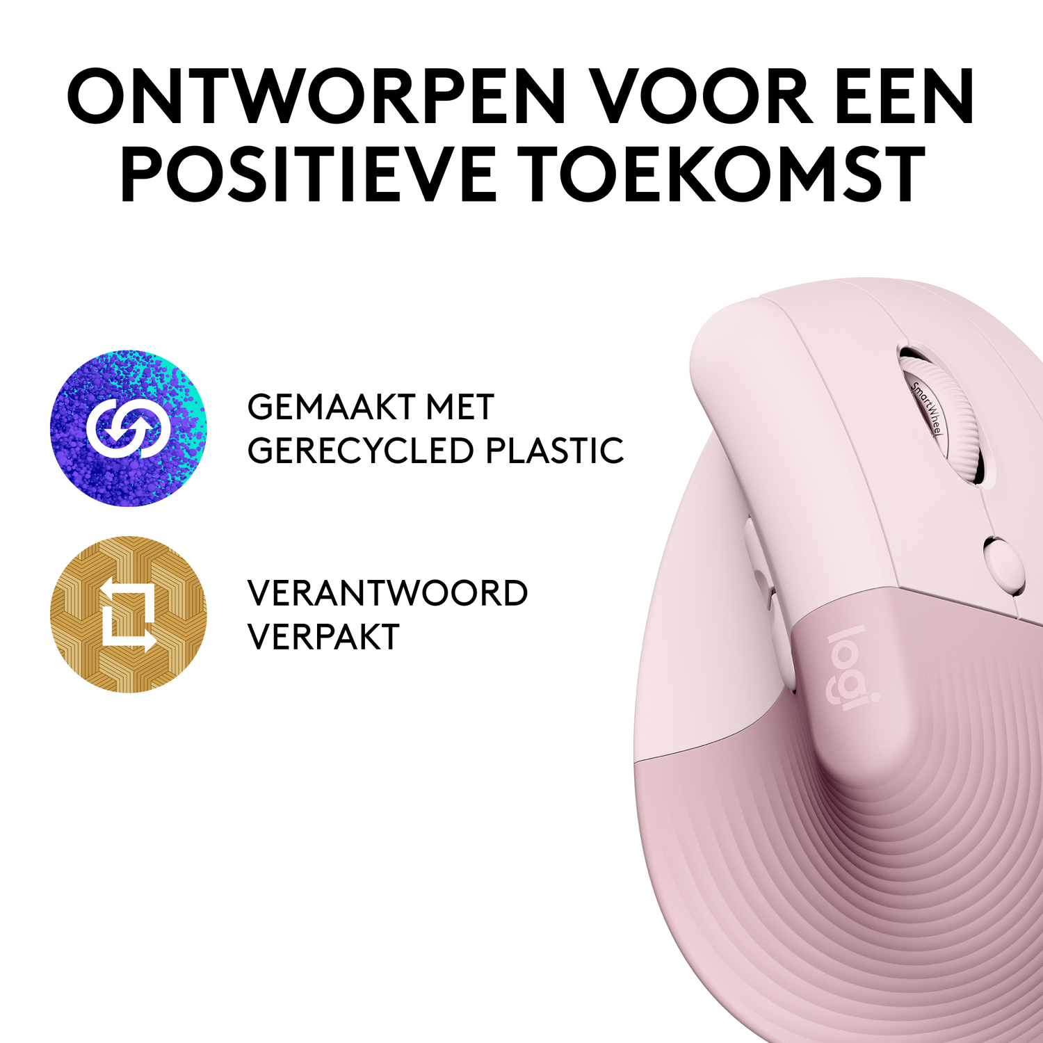 Roze Logitech muis met witte bovenkant, tekst: 'POP Mouse' en andere details. Op een witte ondergrond.