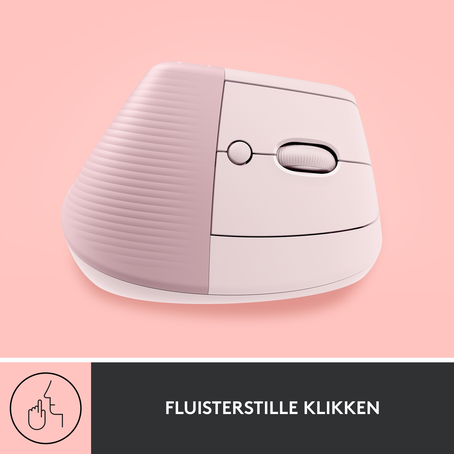 Roze en witte ergonomische muis op roze achtergrond. De tekst zegt 'fluisterstille klikken'.