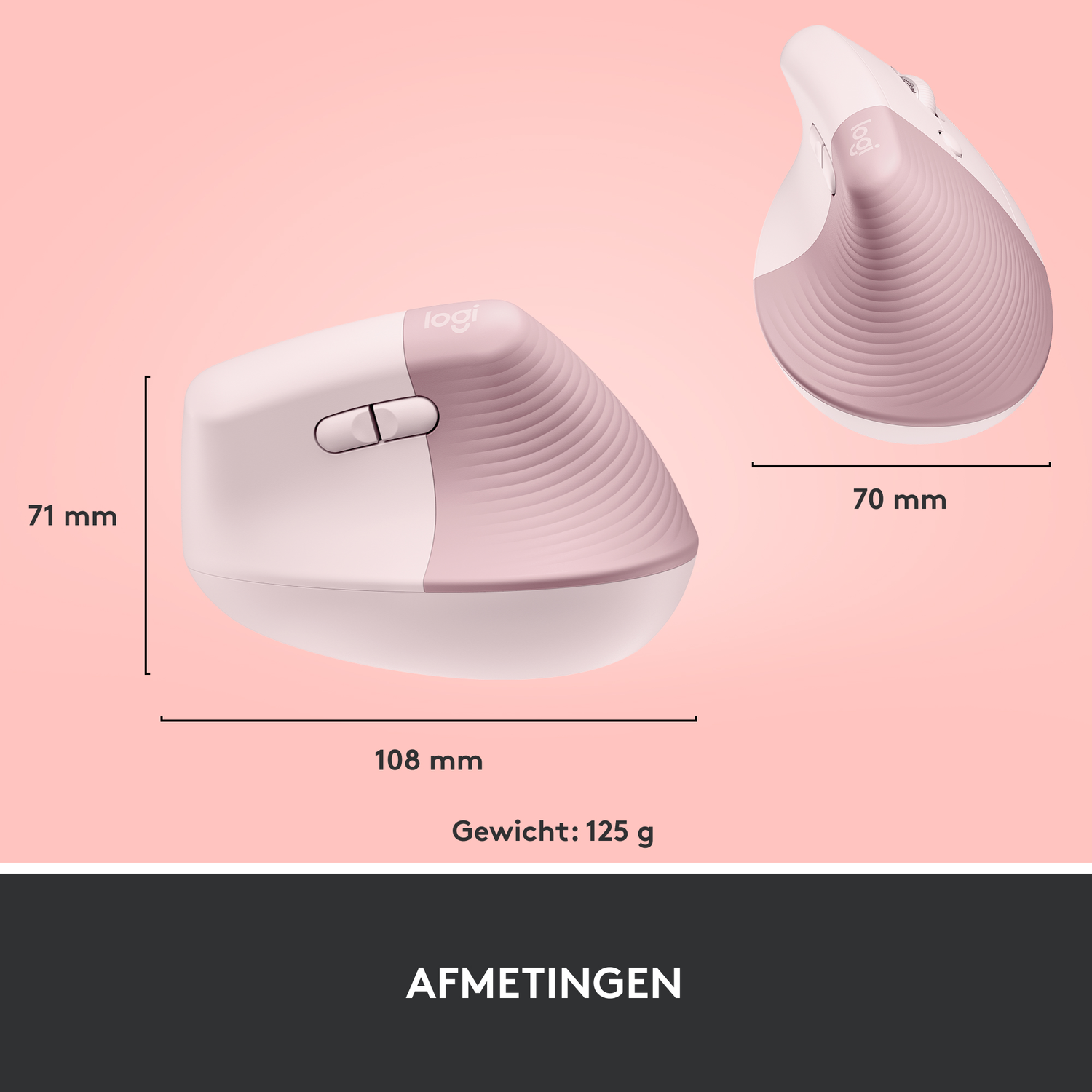 Witte en roze ergonomische muis met afmetingen. Zwarte tekst op roze achtergrond.
