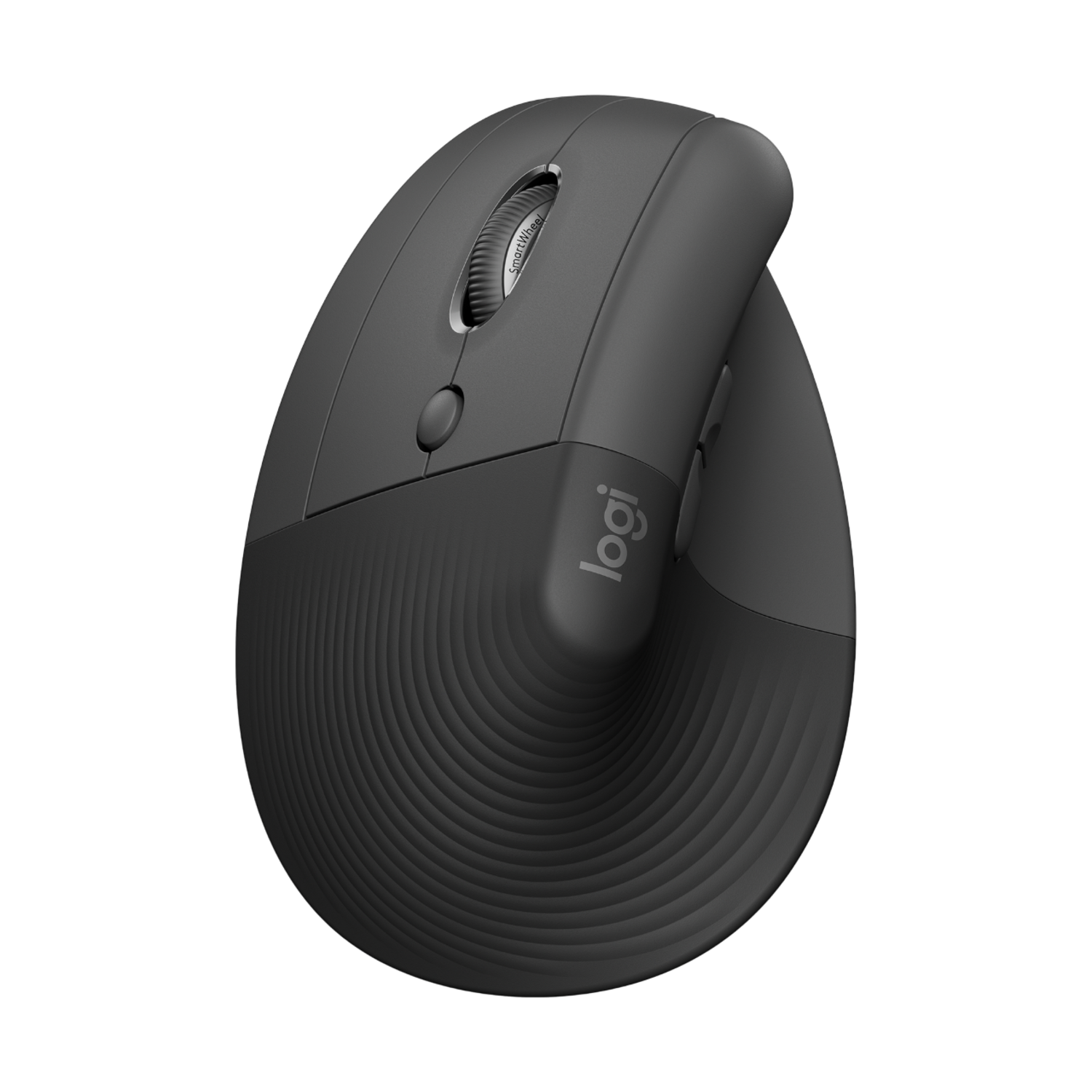 A dark gray ergonomic mouse with a scroll wheel and side buttons, featuring the 'Logi' logo.