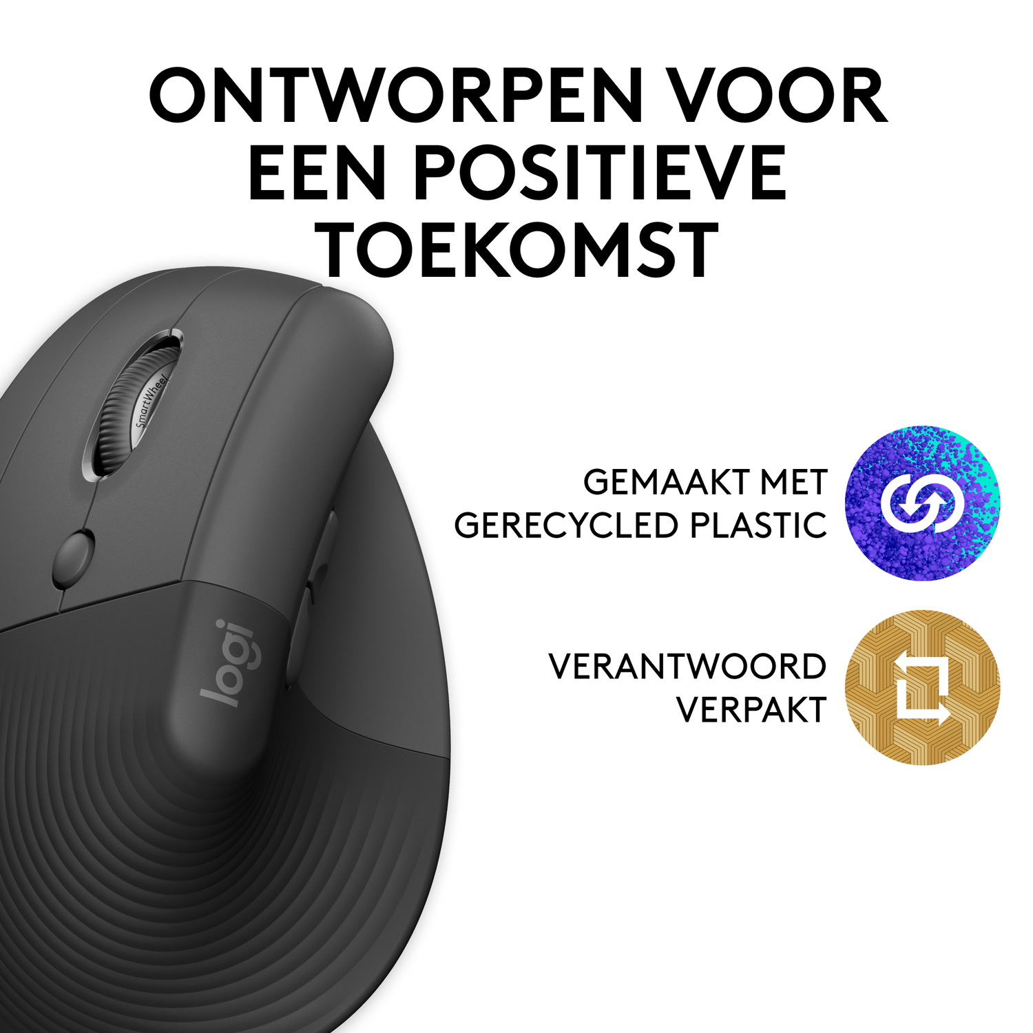 Black ergonomic mouse with text about recycled plastic and responsible packaging.