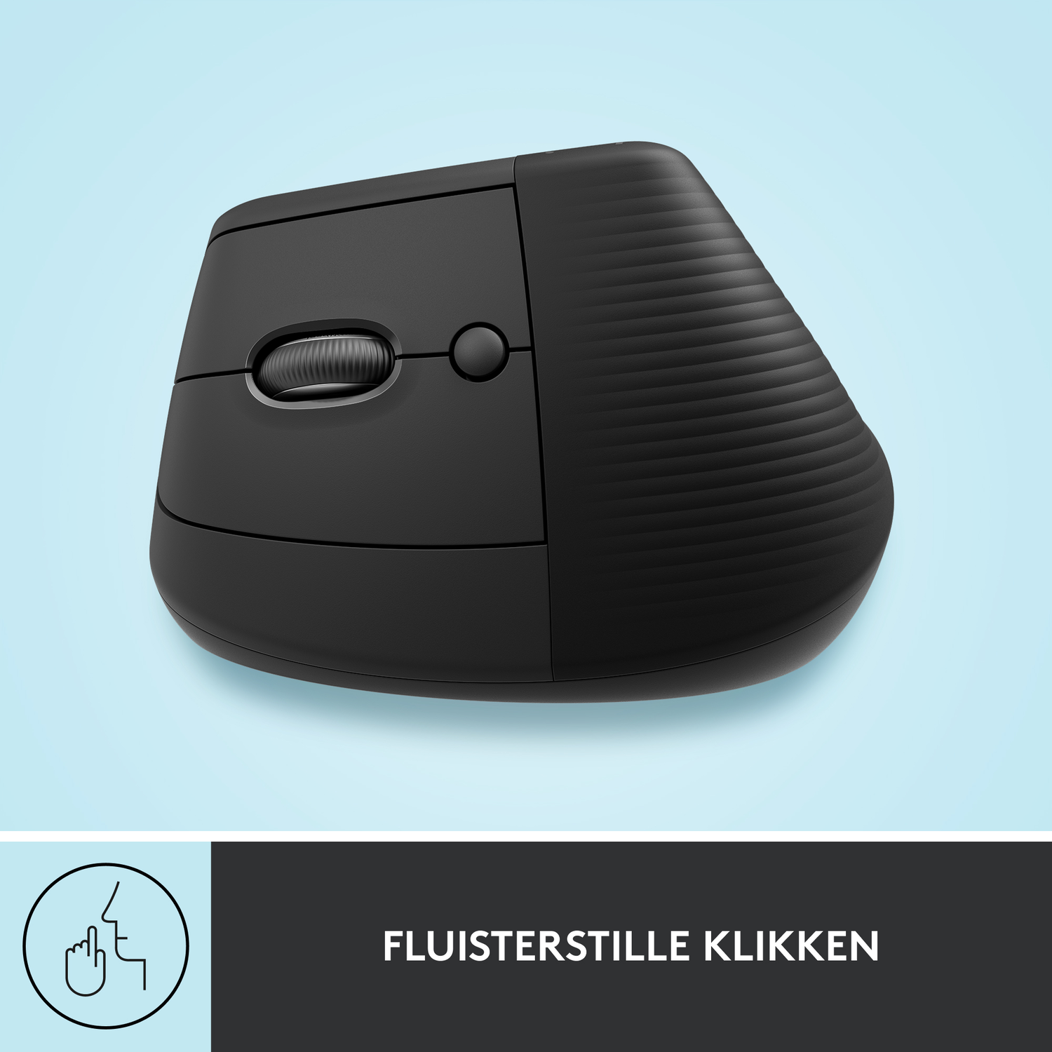 A black ergonomic mouse with a scroll wheel and two buttons. It's on a light blue surface. The background is blurred.