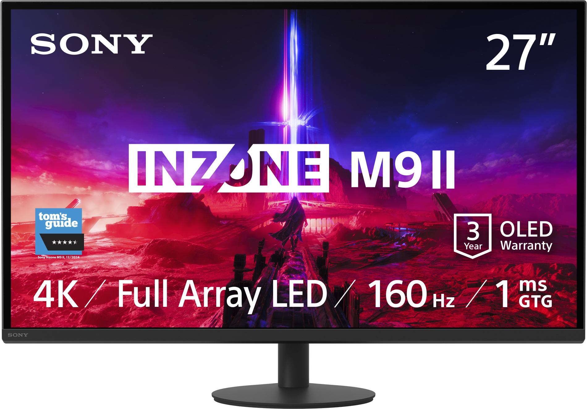Monitor Sony 27" che mostra una scena di gioco, con testo e loghi visibili.