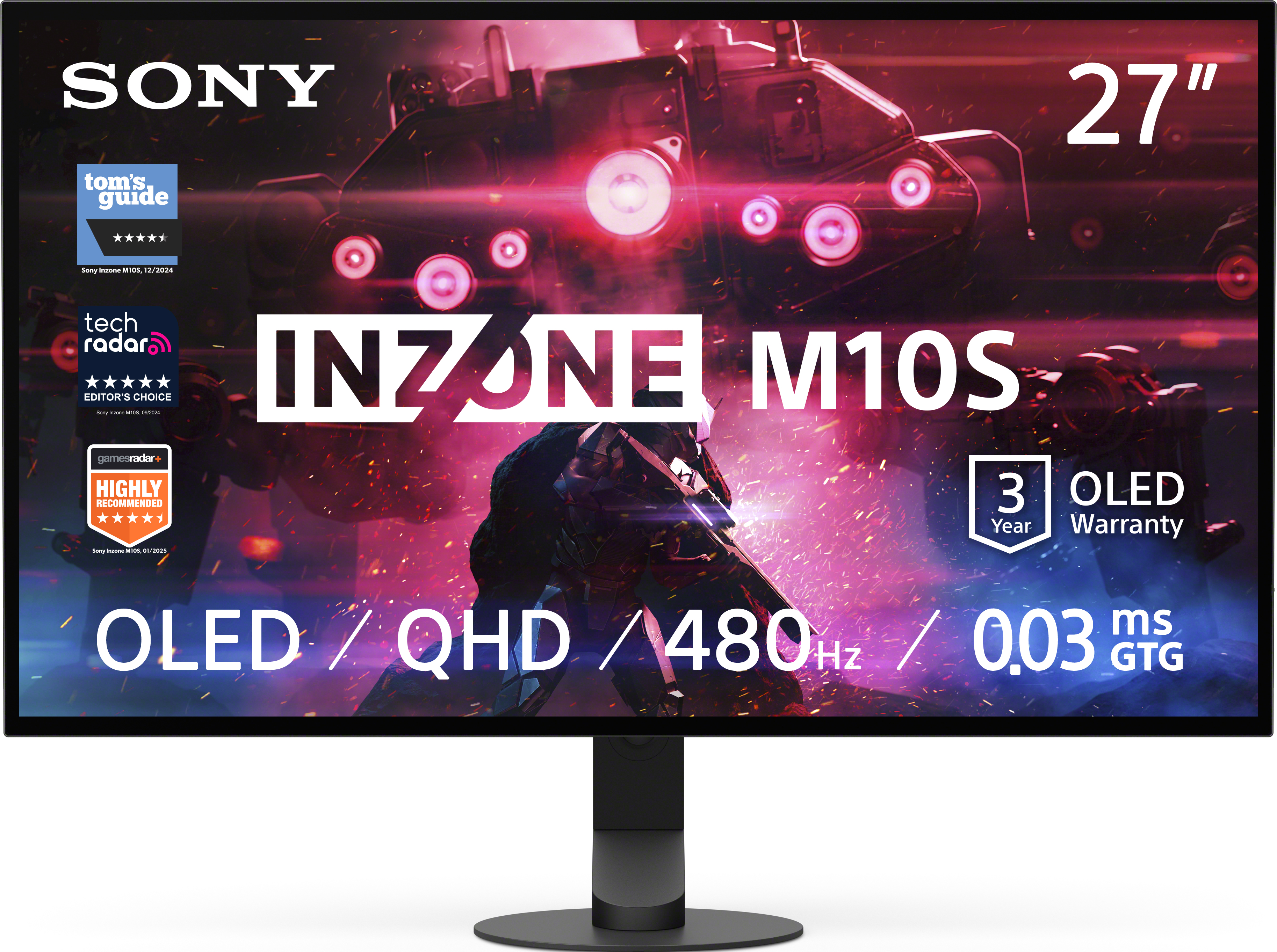 Un moniteur Sony INZONE M10S noir de 27 pouces affiche un graphique futuriste avec du texte rouge et blanc.