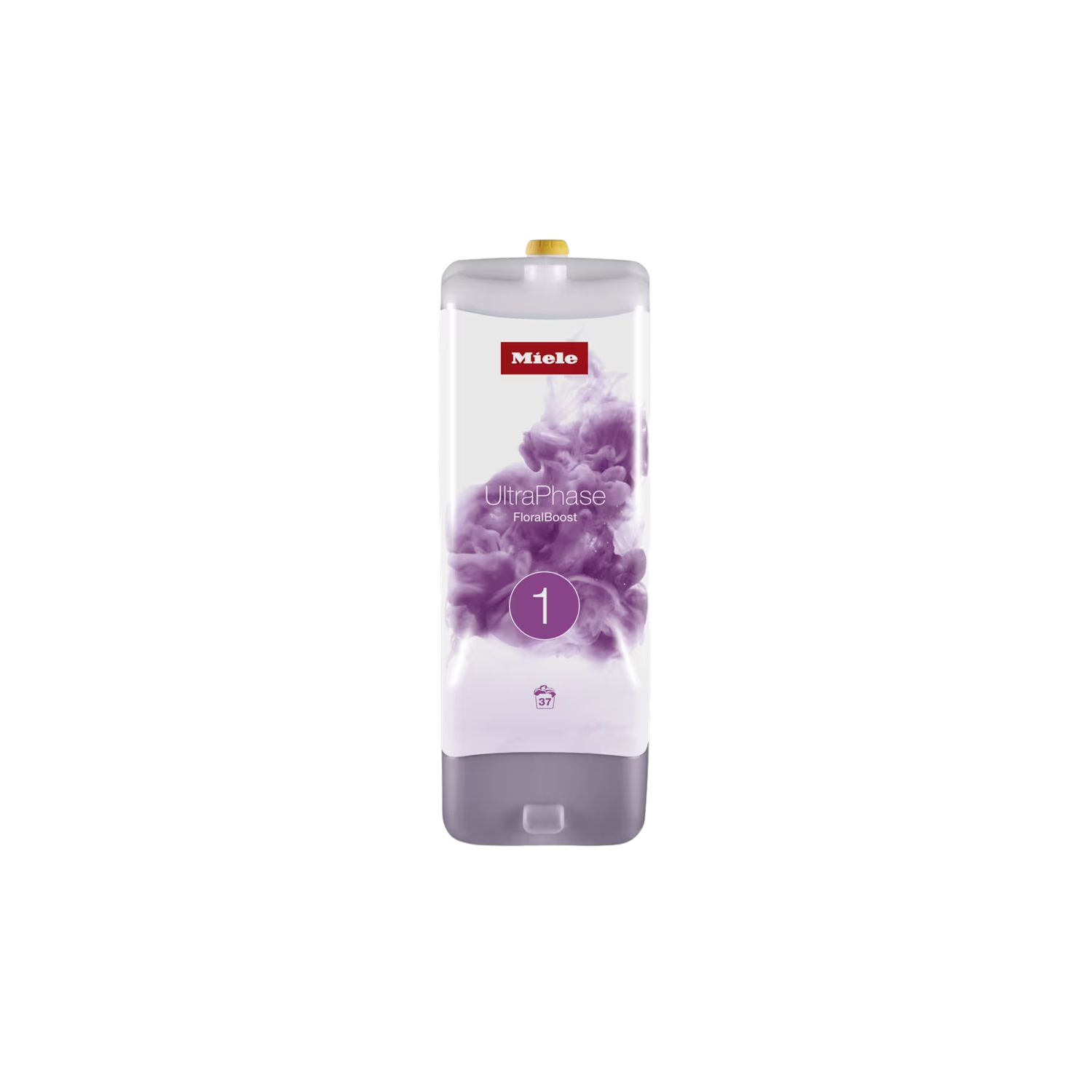Bouteille de détergent Miele UltraPhase FloralBoost, blanche avec des accents violets et liquide violet.