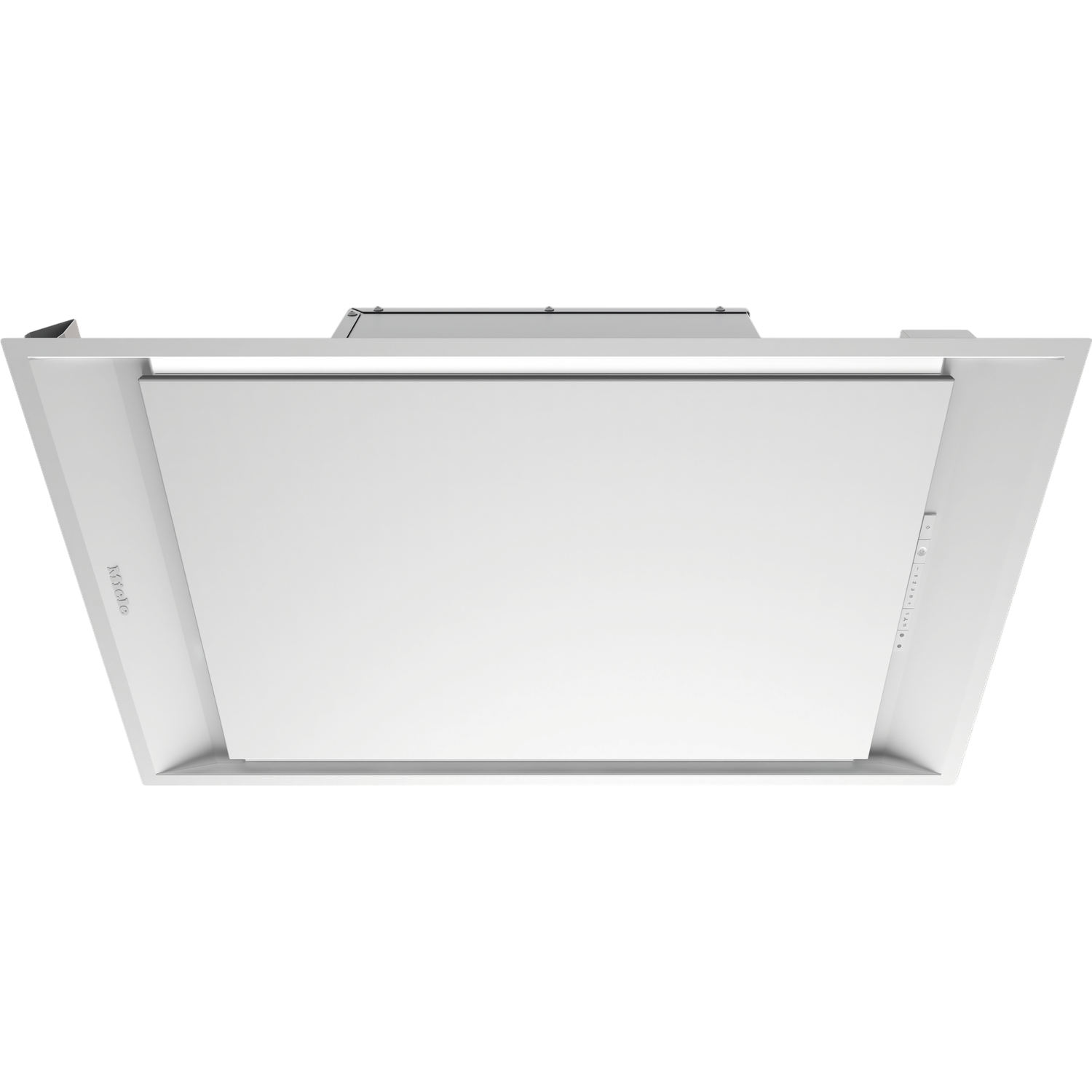 Une hotte de cuisine blanche avec un design rectangulaire et un panneau de commande.