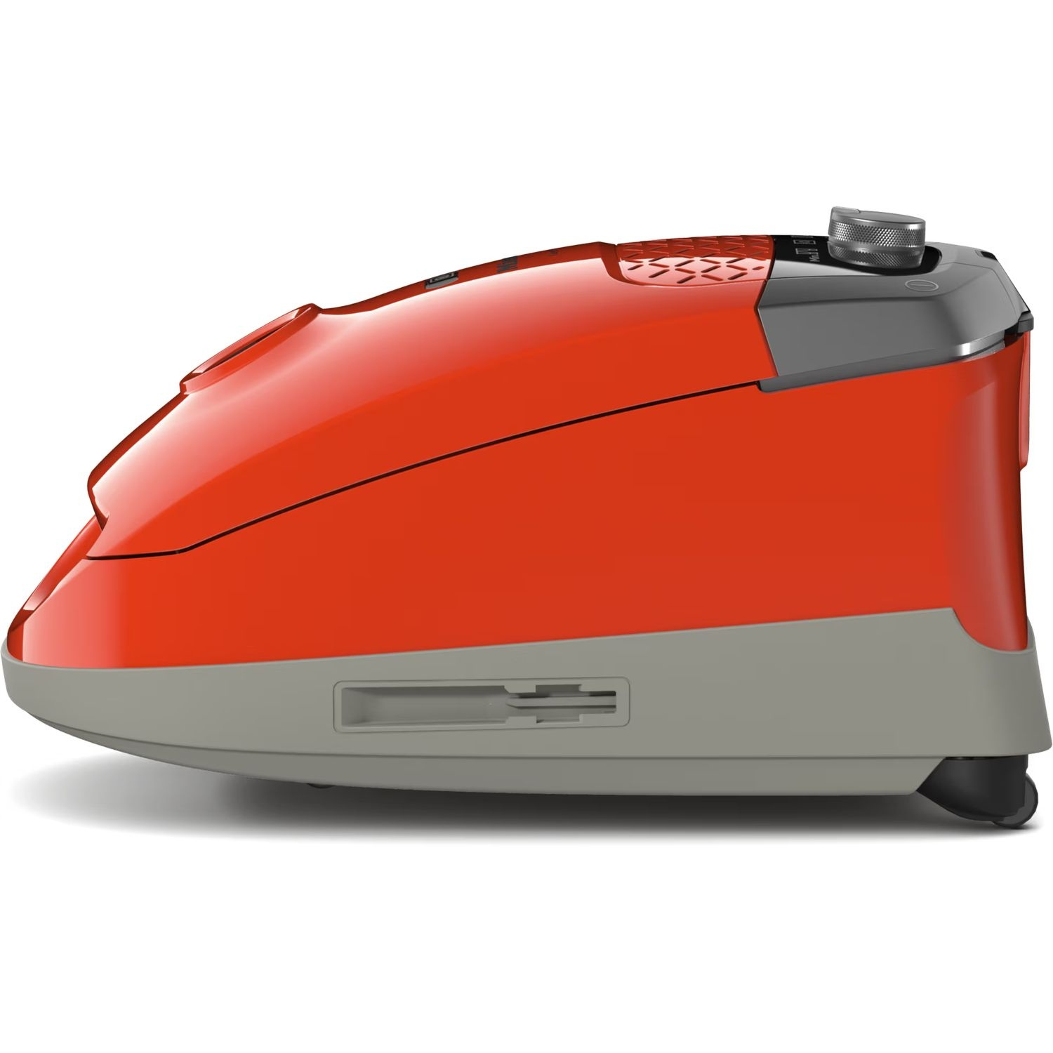 Vue latérale d'un aspirateur robot orange et gris.