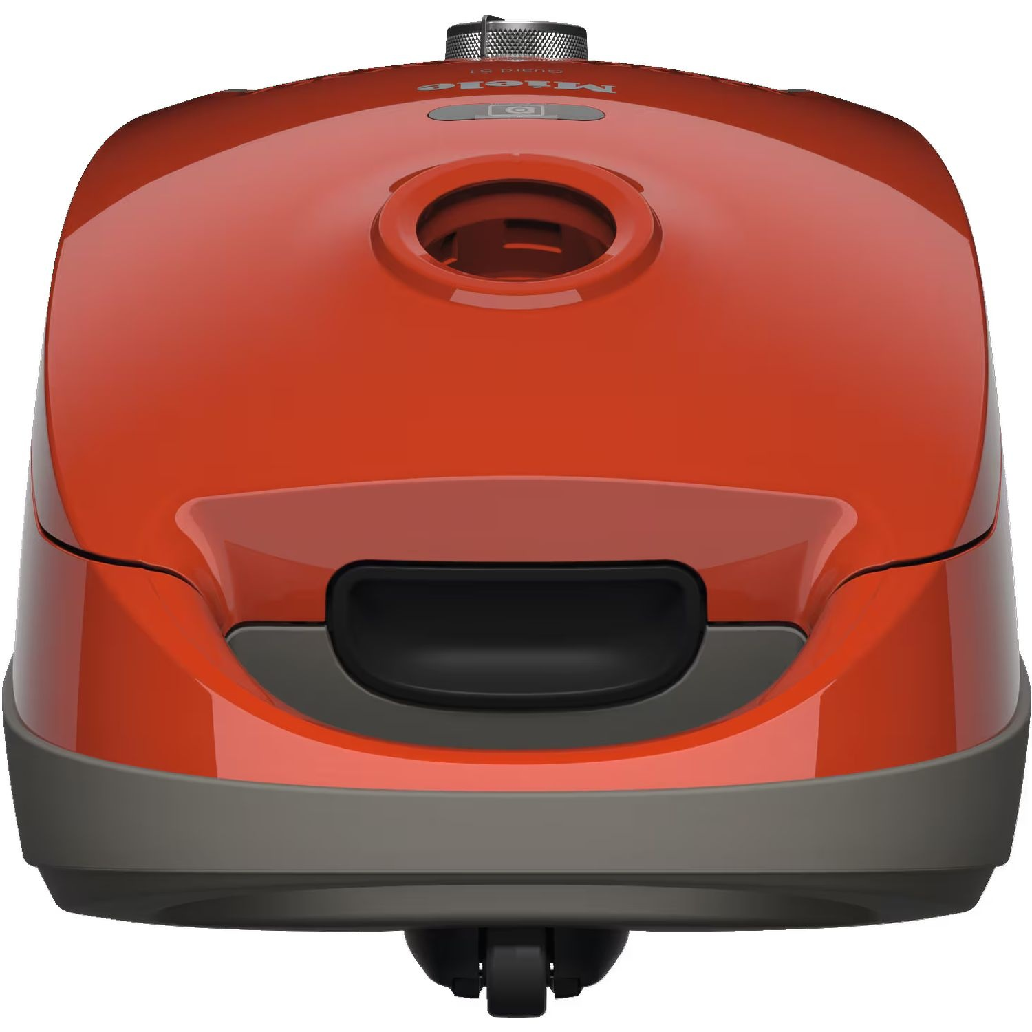 Aspirateur rouge, vue de dessus. A une surface rouge brillante avec des accents noirs et gris.