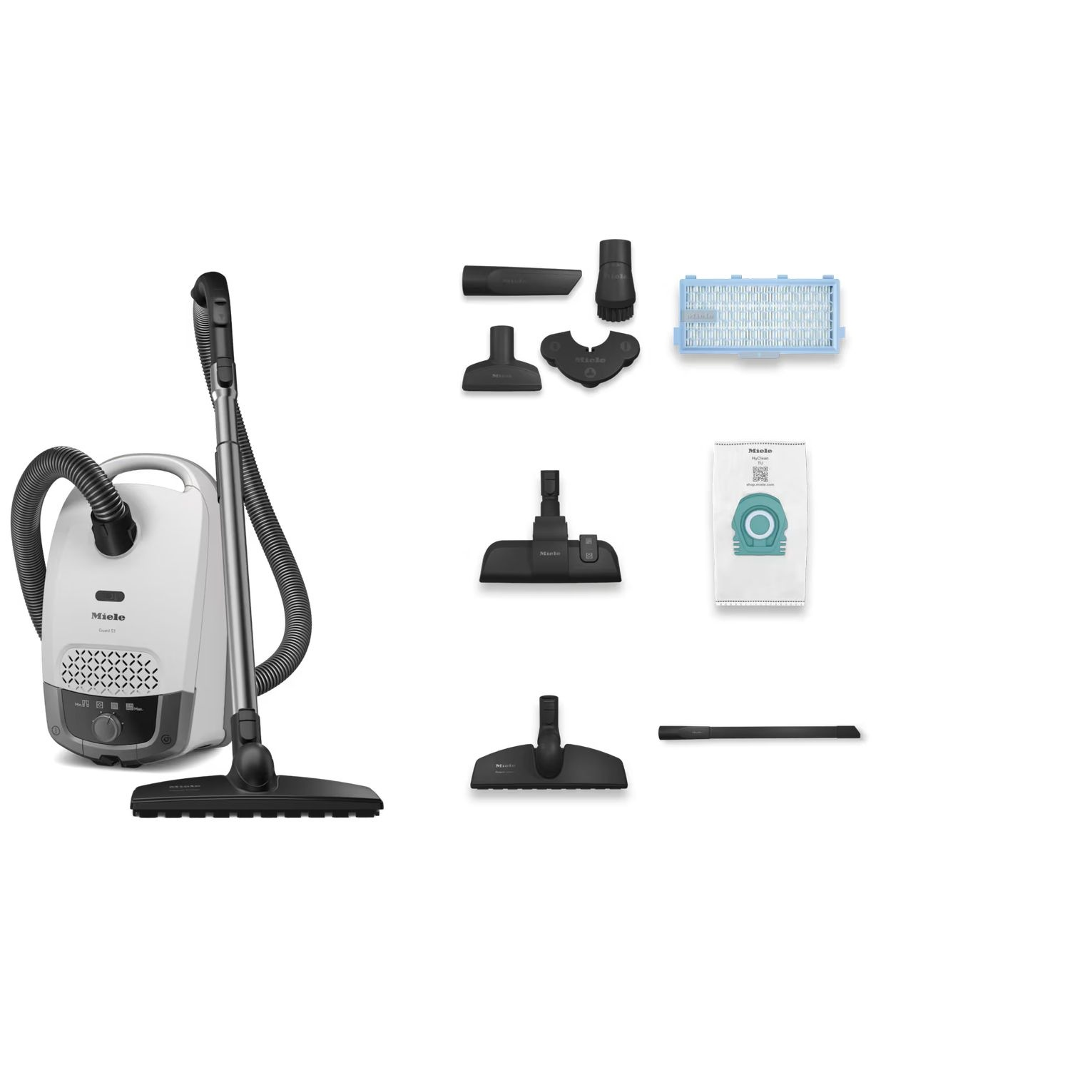 Aspirateur avec plusieurs accessoires, tous blancs, sur fond blanc.