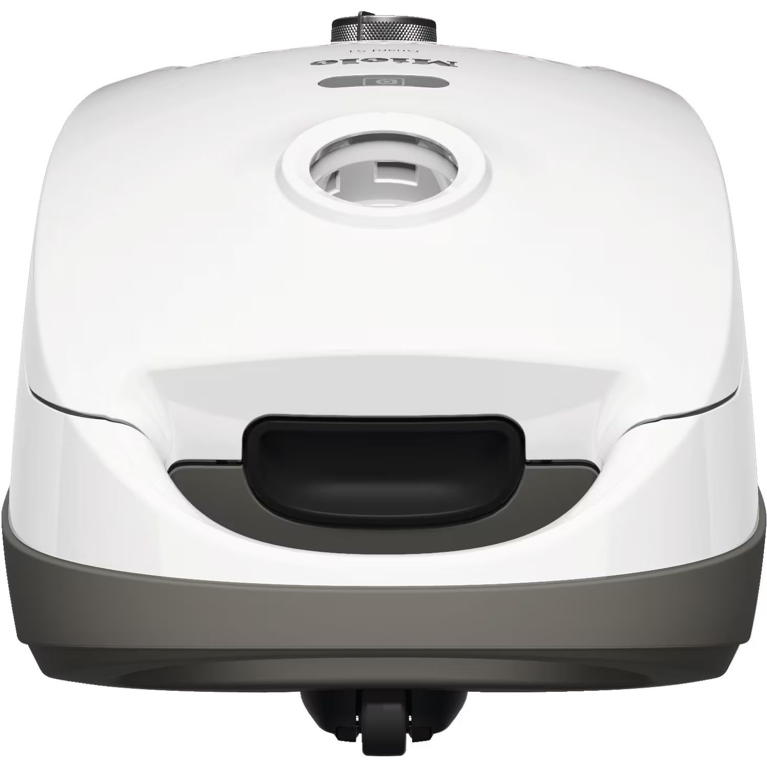 Tondeuse robotique blanche. Le dessus est blanc avec une poignée noire et un bord gris.