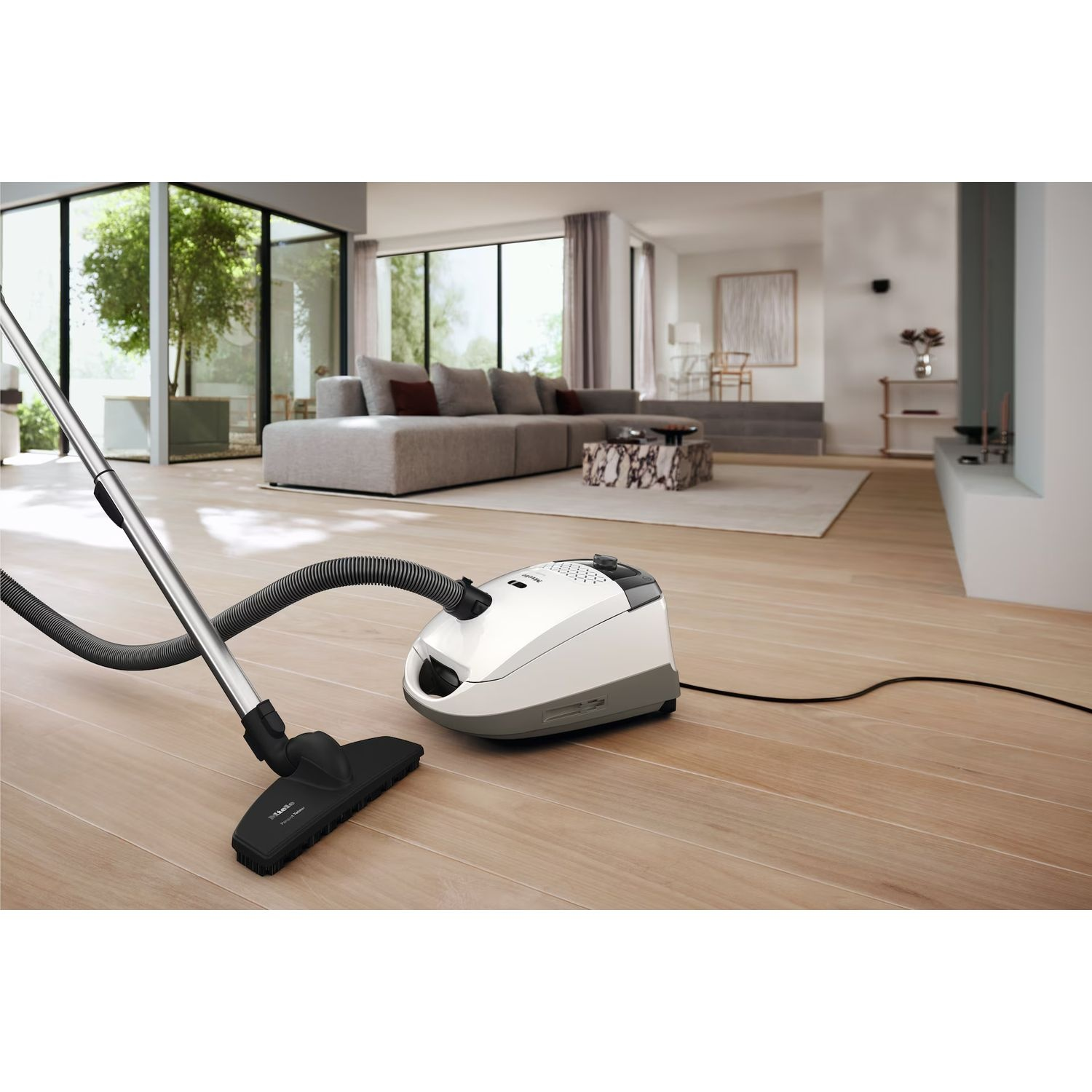 Aspirateur sur parquet; canapé en arrière-plan. Grandes fenêtres avec arbres dehors.