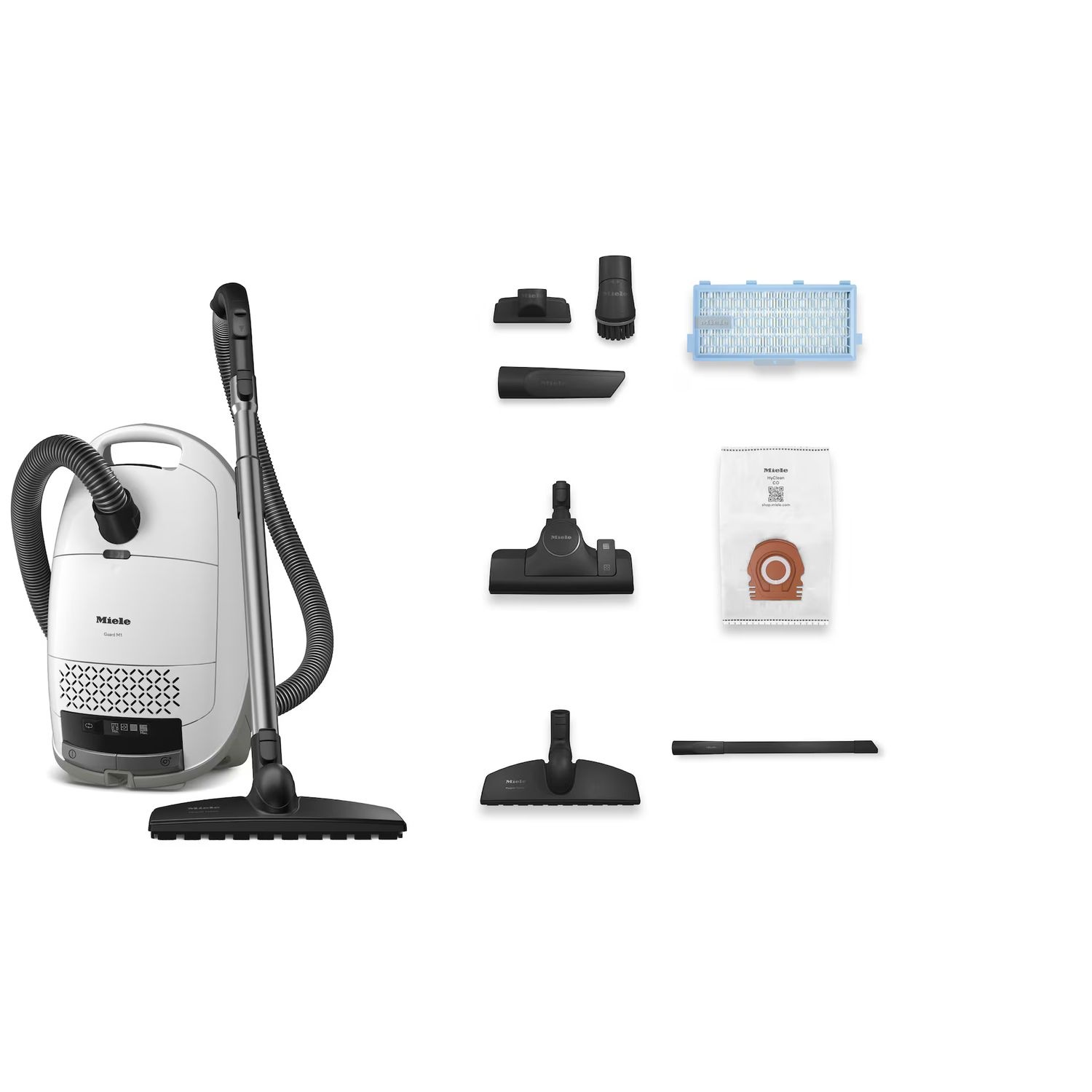 Een witte stofzuiger met opzetstukken. De opzetstukken en accessoires bevinden zich aan de rechterkant.