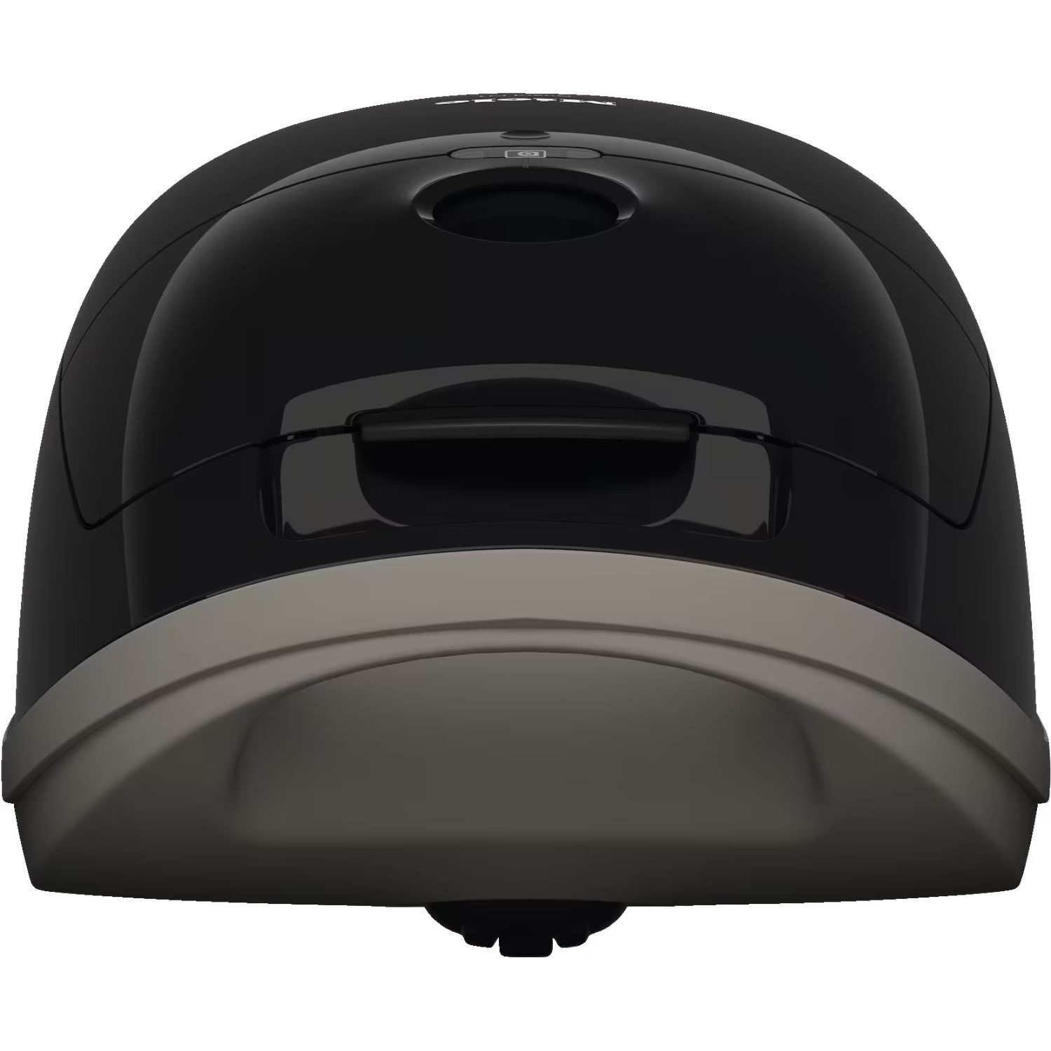 Un appareil noir, peut-être un scanner ou une imprimante, avec un design incurvé et une base grise.