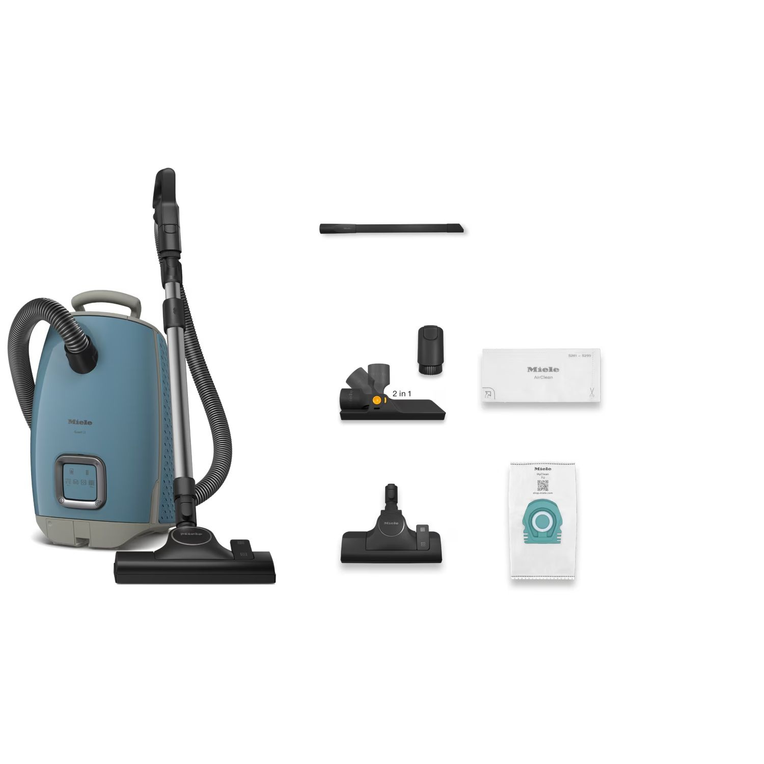 Blue Miele vacuum cleaner with accessories. Several parts are arranged on a white background.