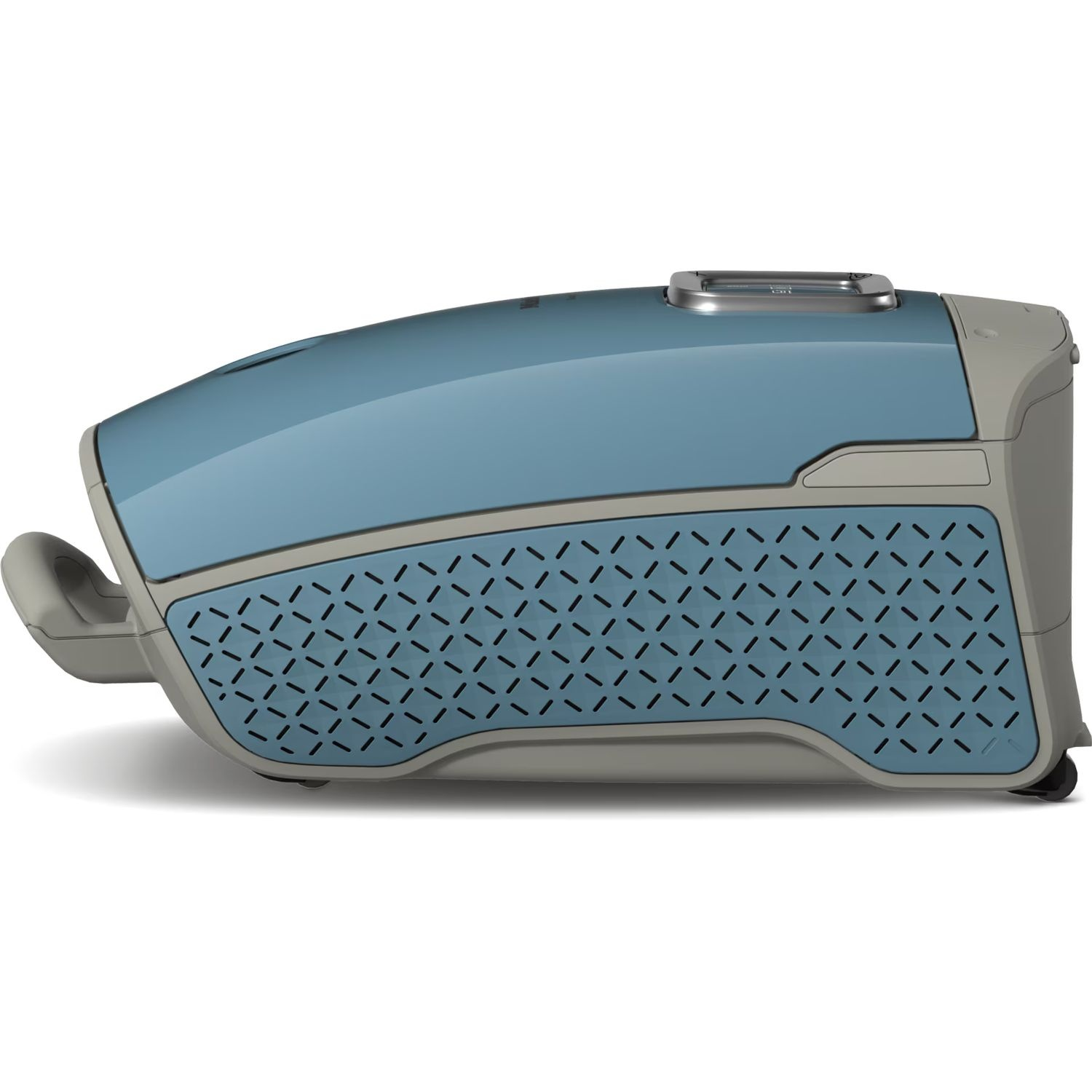 A blue and gray vacuum cleaner, positioned sideways. It has a handle and a patterned front section.