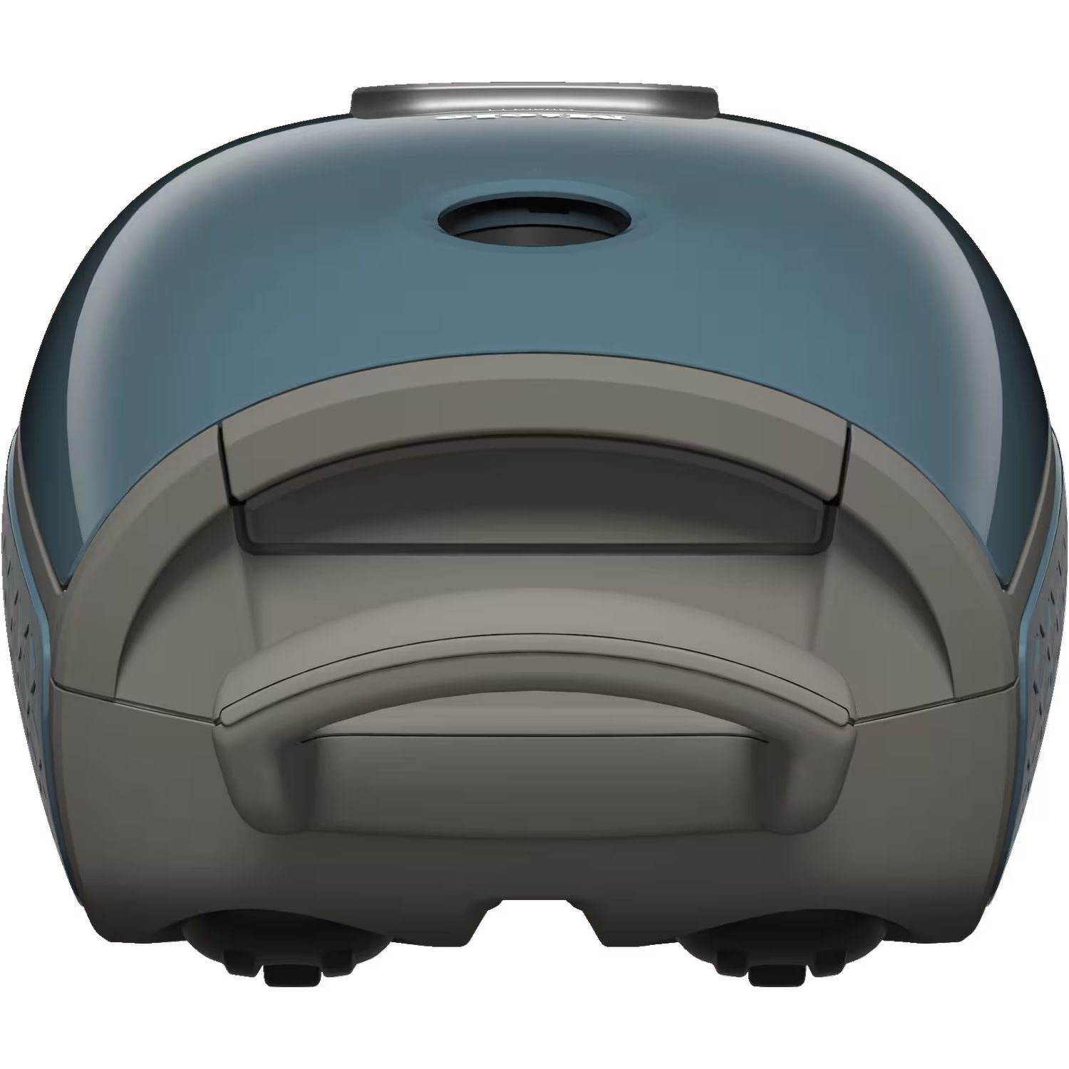 Blue and grey vacuum cleaner from above. The handle and wheels are visible.