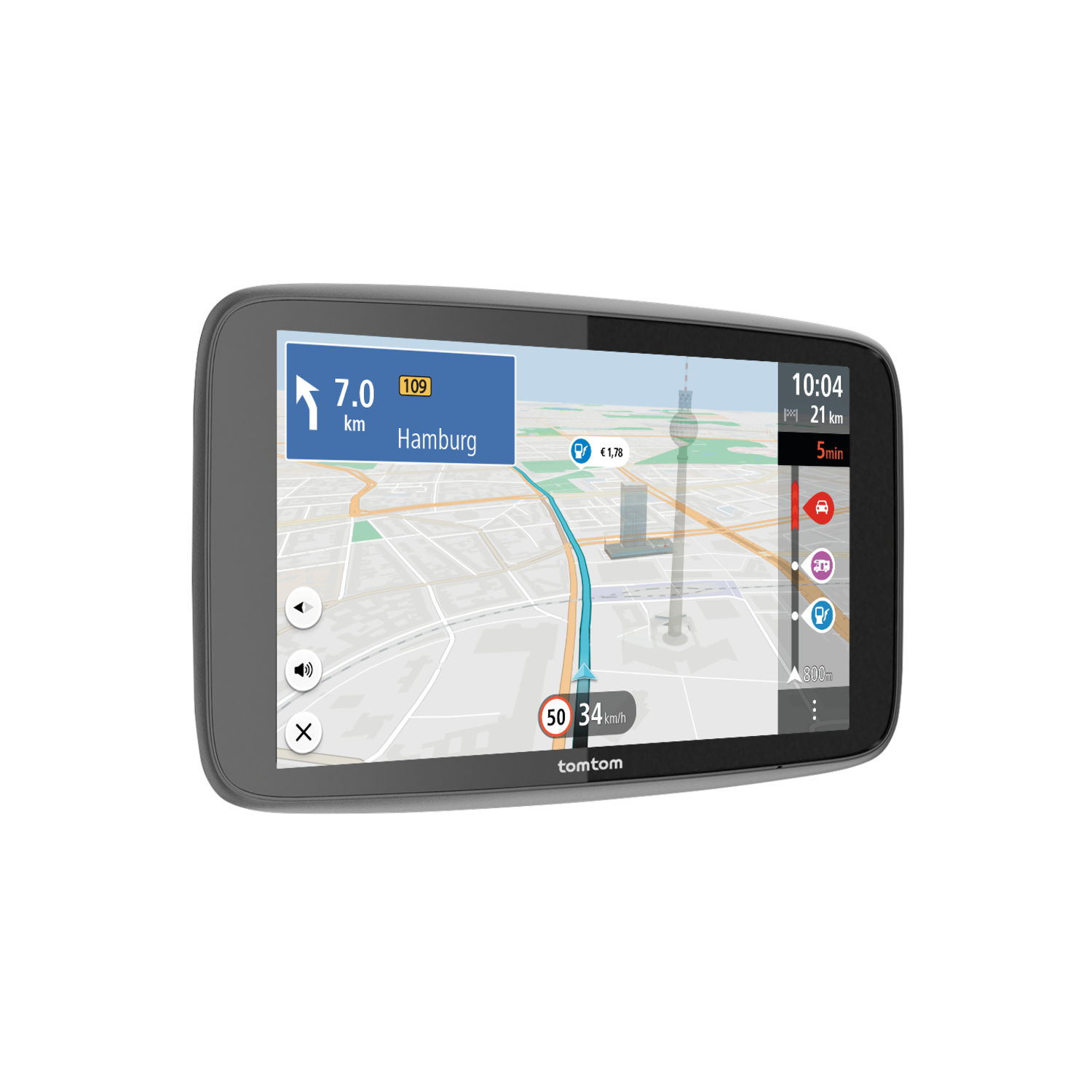 A GPS device displaying a navigation map with route, time, and distance information.