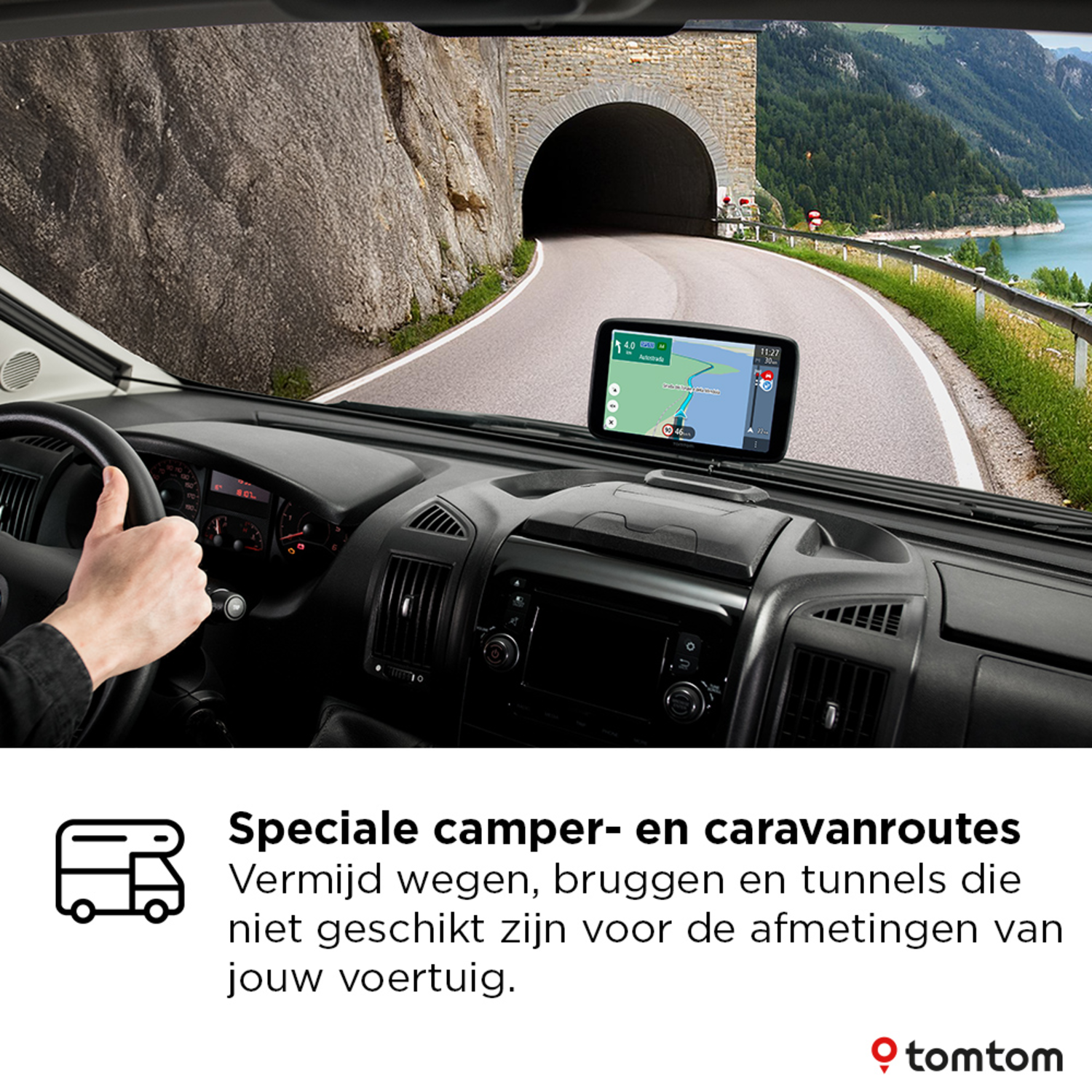 Inside a car, a GPS screen shows a map. Text states special camper routes. Mountains in background.