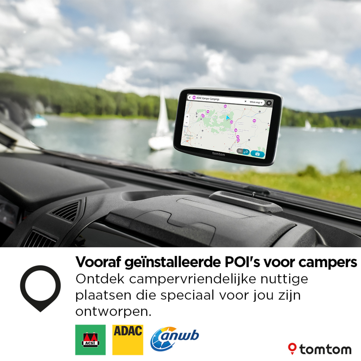 GPS device mounted on a dashboard. Displays a map with various waypoints, with a lake and boat in the background.