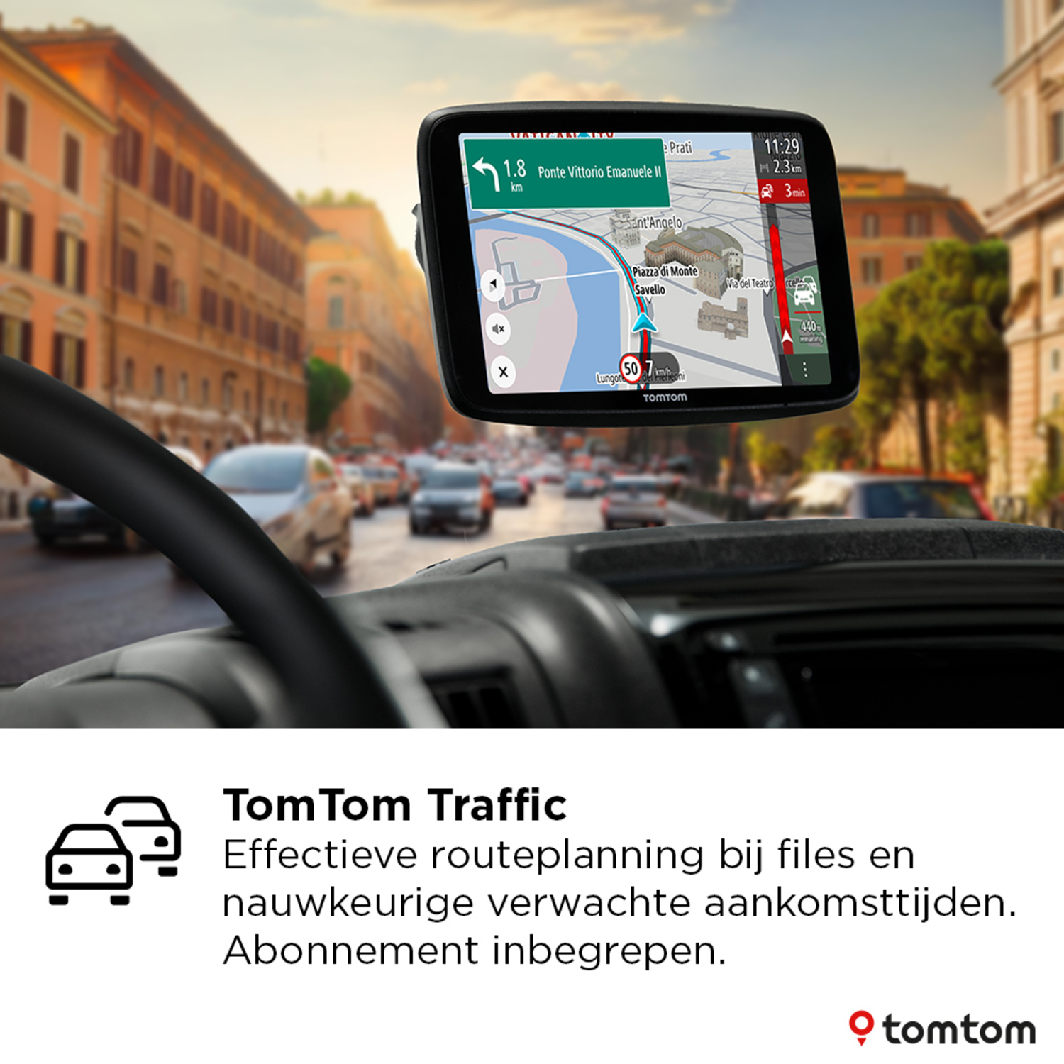 Car dashboard with GPS displaying a road map. The background is a city street with cars.