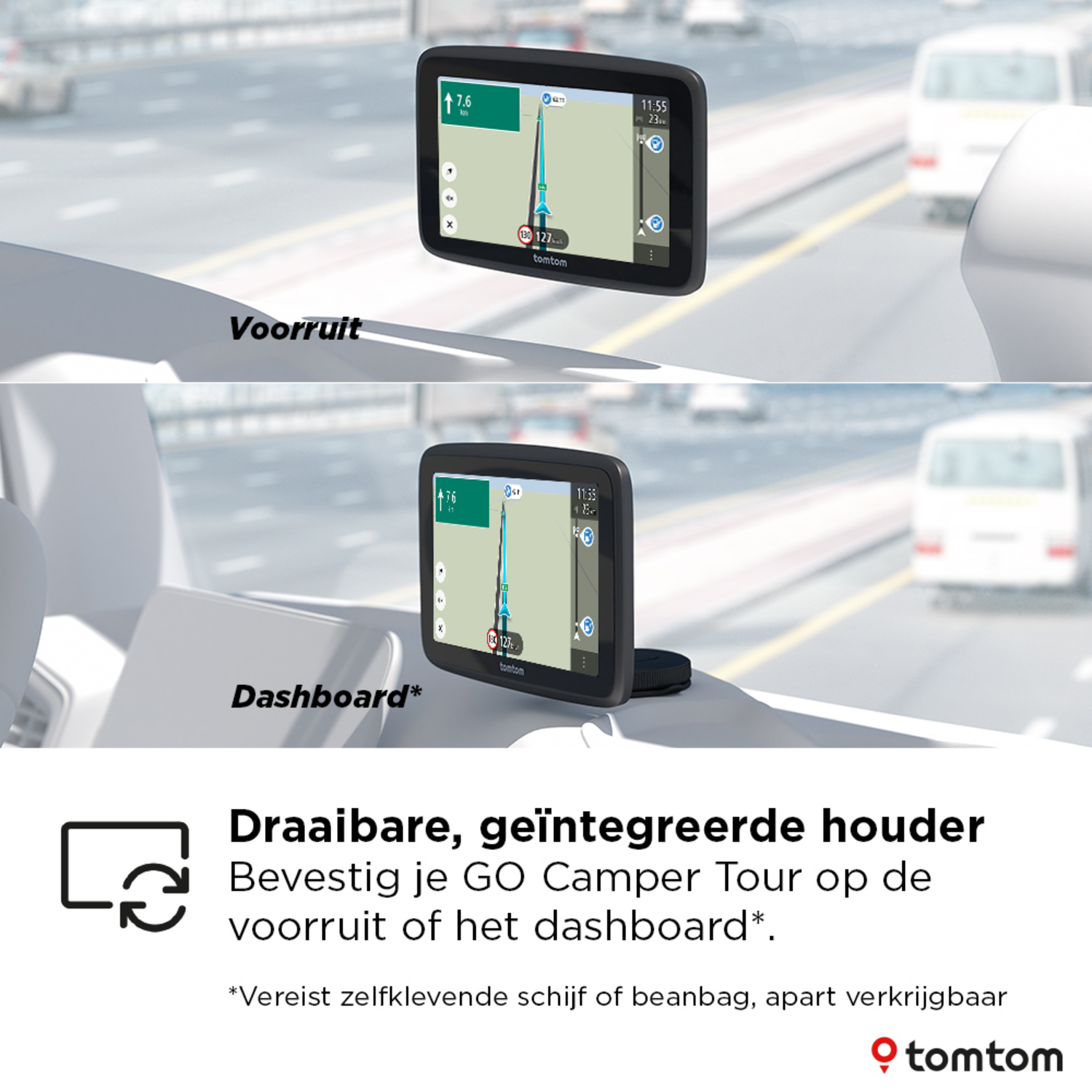GPS device in a car. The screen shows a map and navigation details. Text in Dutch is visible.