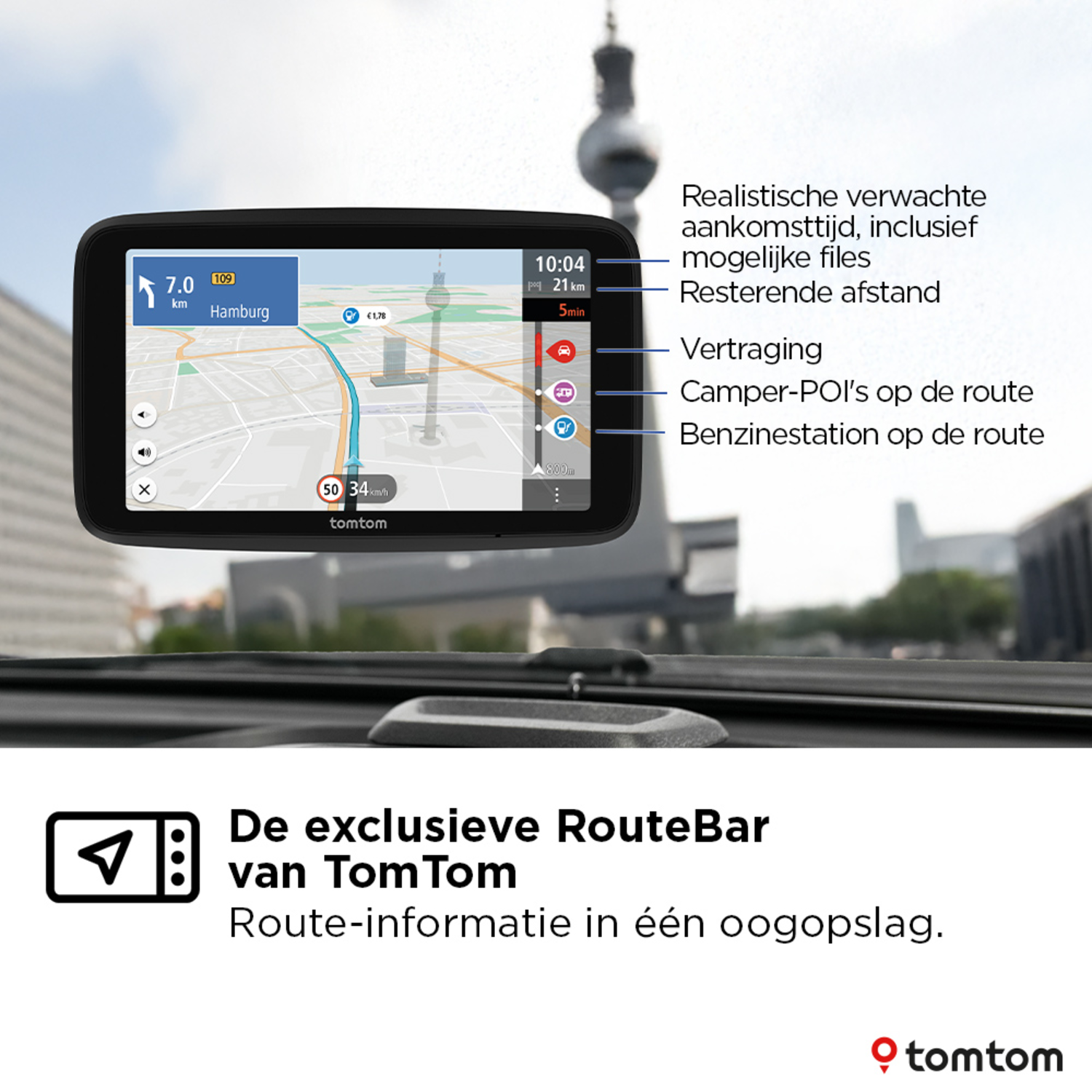GPS device showing a map and route information. Features: estimated arrival, remaining distance, and POIs.
