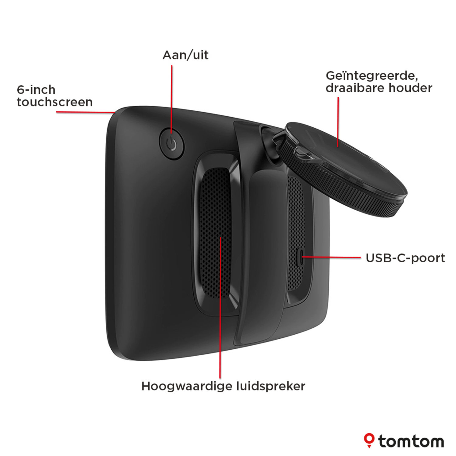 Black GPS device with touchscreen, power button, speaker, and USB-C port. Text in Dutch.