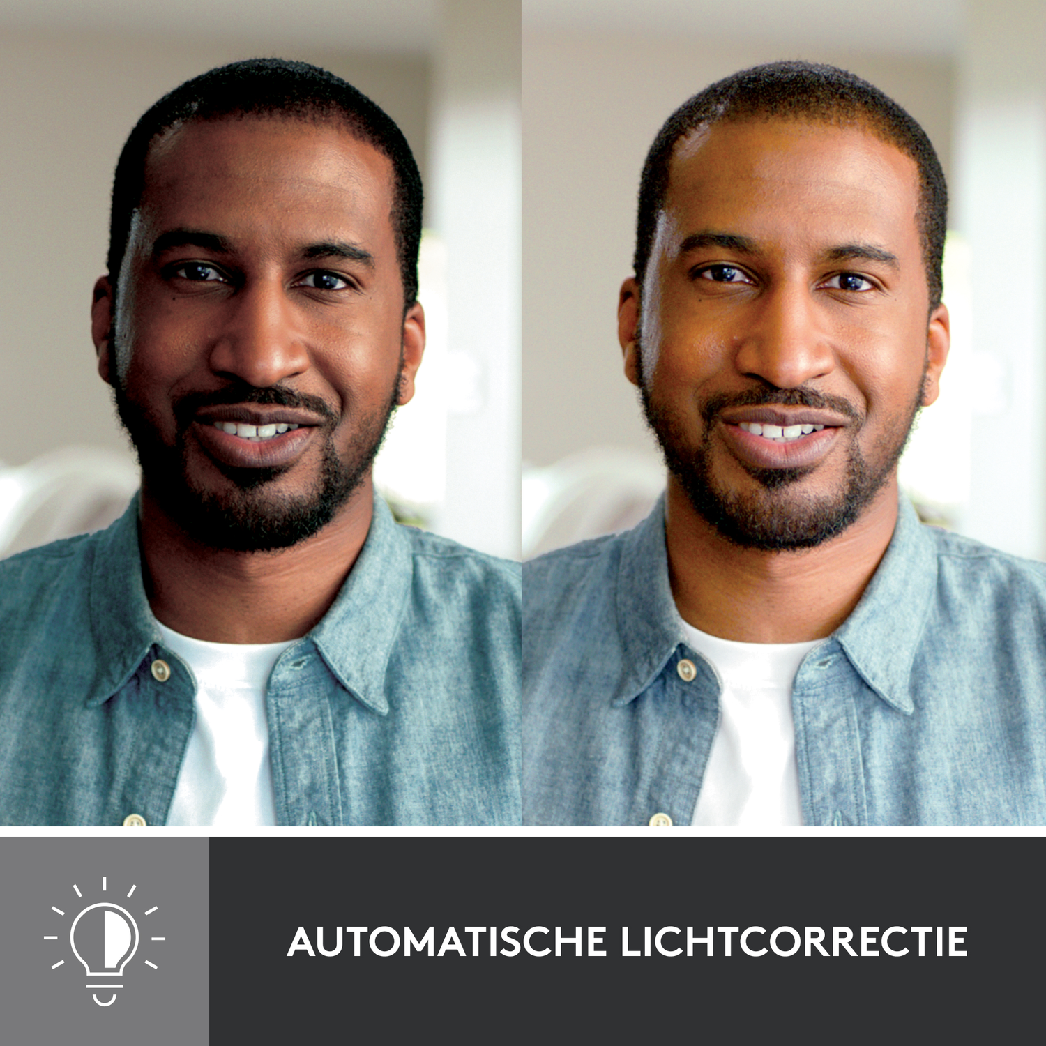 Twee afbeeldingen van het gezicht van een man, voor en na lichtcorrectie. Tekst onderaan.