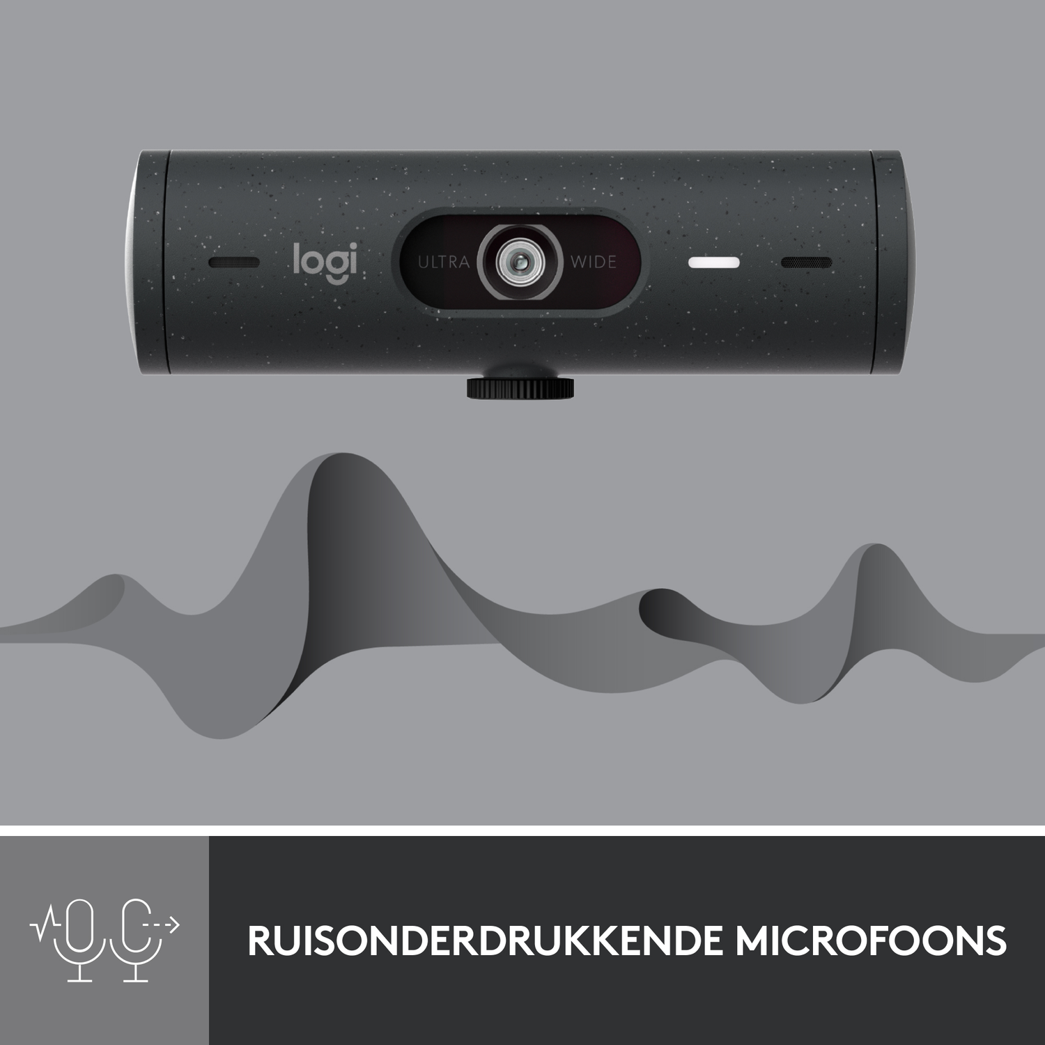 Een webcam met de tekst "ultrabreed" en ruisonderdrukkende microfoons.