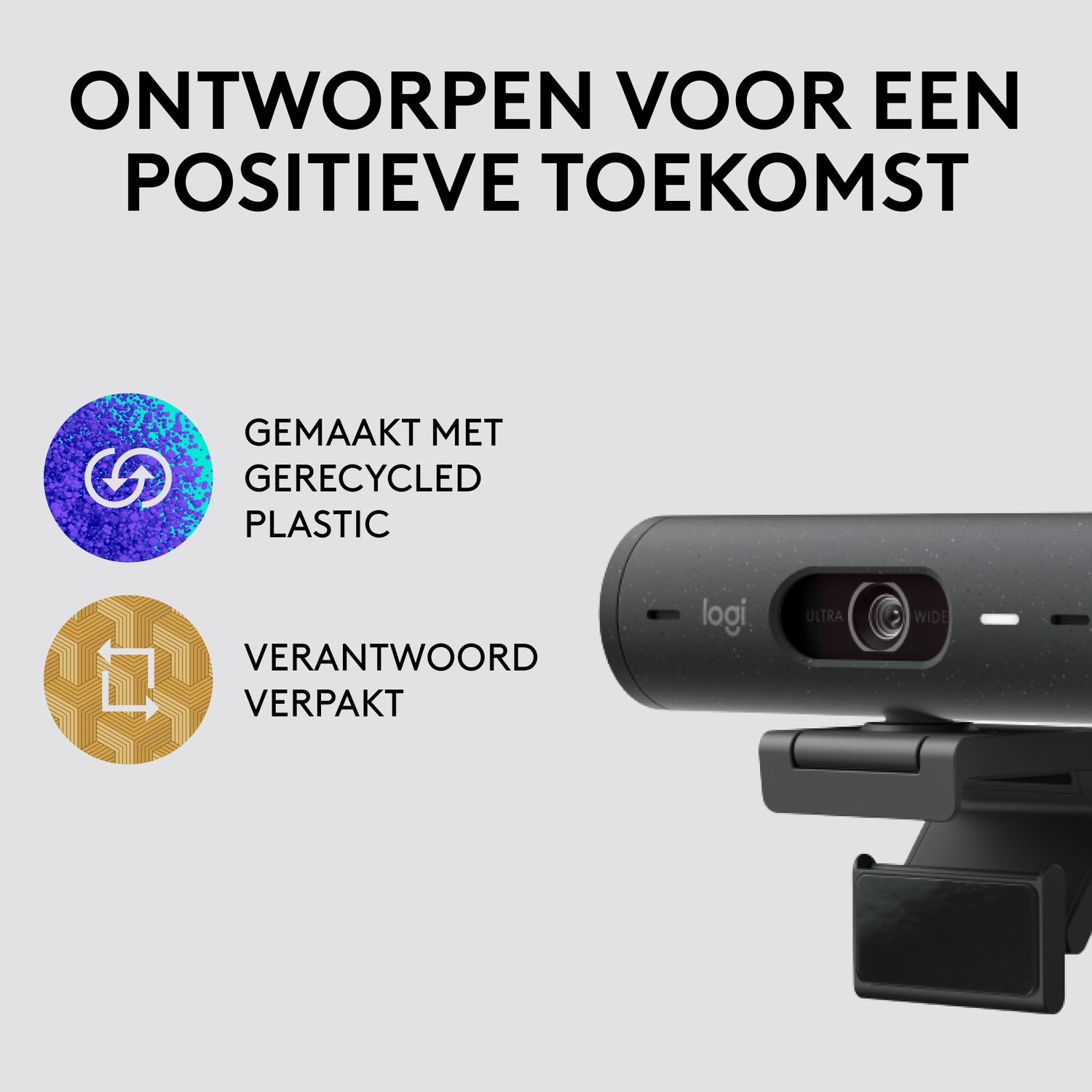 Een webcam met iconen die gerecycled plastic en verantwoorde verpakking aanduiden.